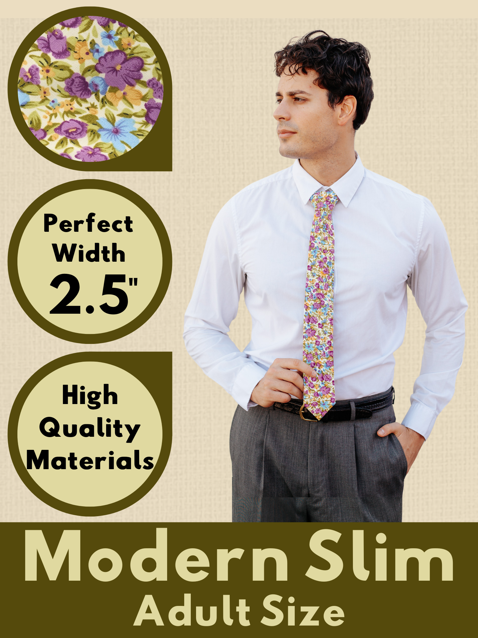 A graphic showing a man in a purple, green and blue floral modern slim tie that is 2.5 inches wide and made of cotton.