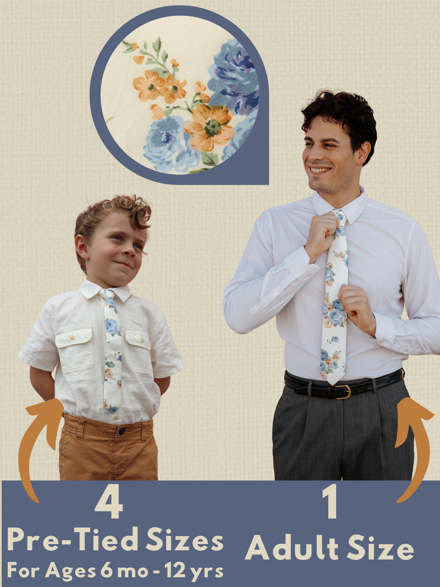 An image showing a man and a child in matching beige and blue floral ties available in 5 sizes for the whole family.