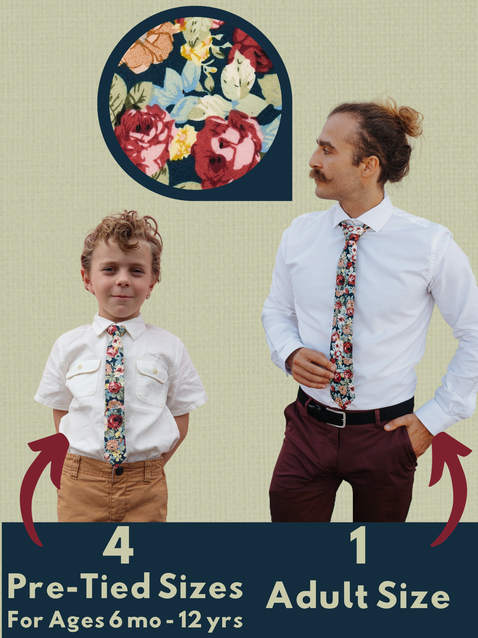 An image showing a man and a child in matching navy and red floral ties available in 5 sizes for the whole family.