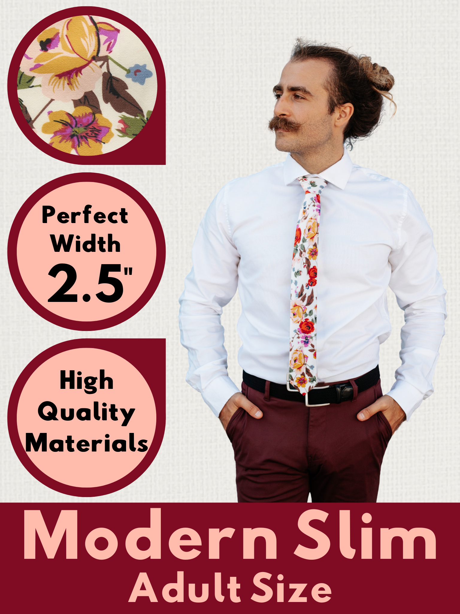 A graphic showing a man in a white and red/orange floral modern slim tie that is 2.5 inches wide and made of cotton.