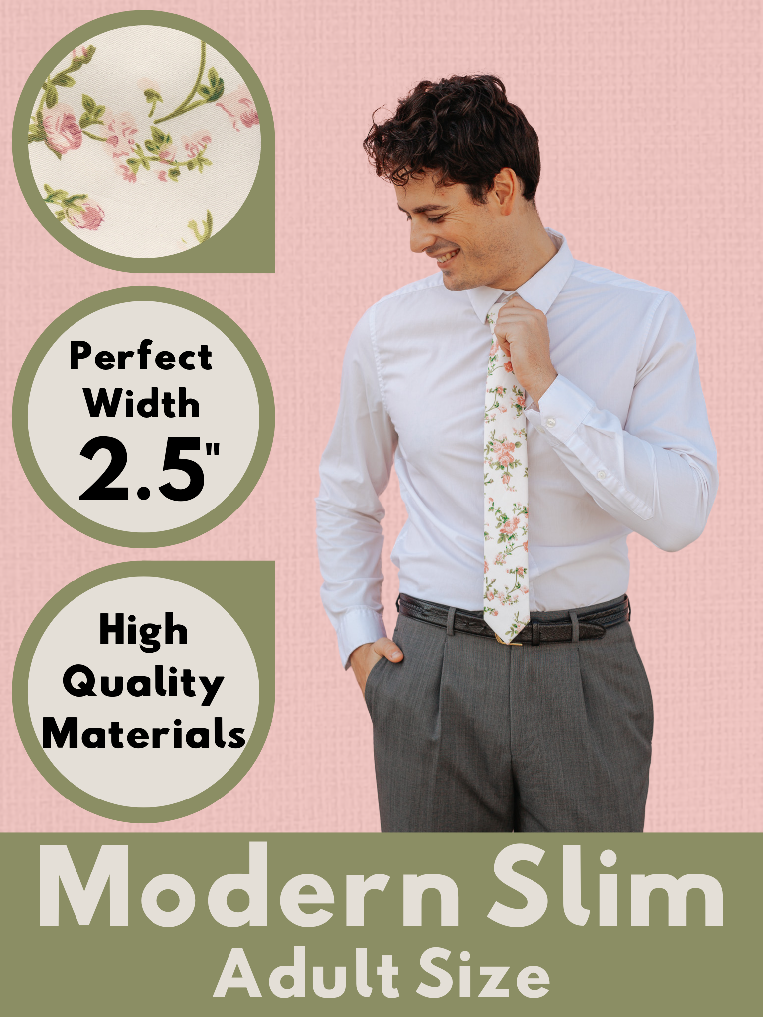 A graphic showing a man in a beige and pink floral modern slim tie that is 2.5 inches wide and made of cotton.