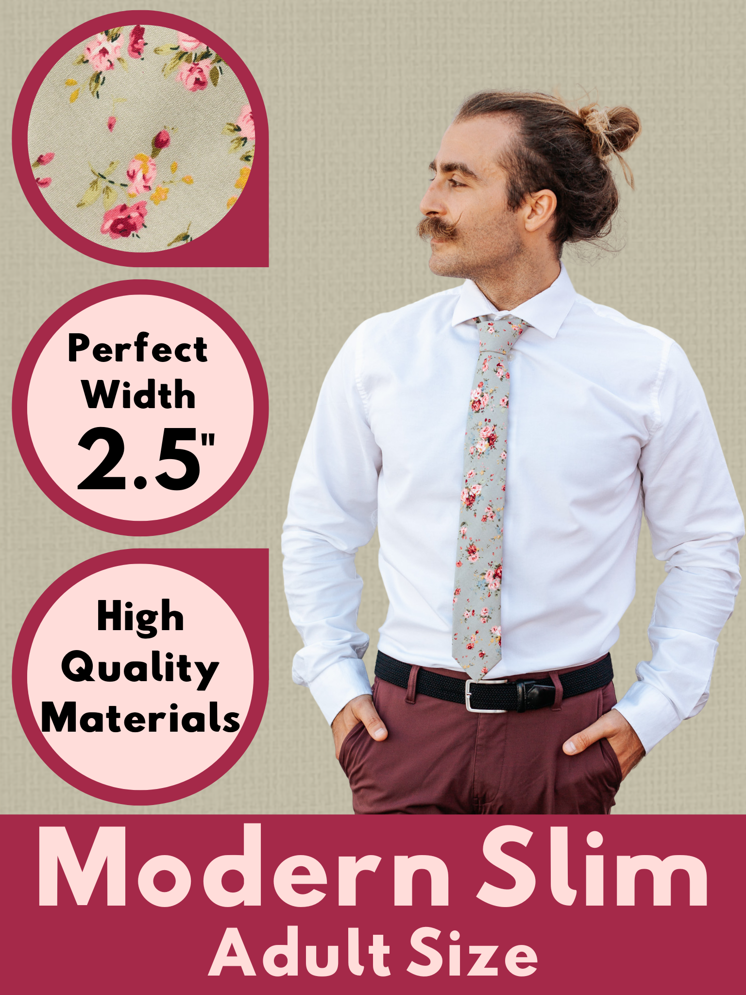 A graphic showing a man in a beige and red floral modern slim tie that is 2.5 inches wide and made of cotton.