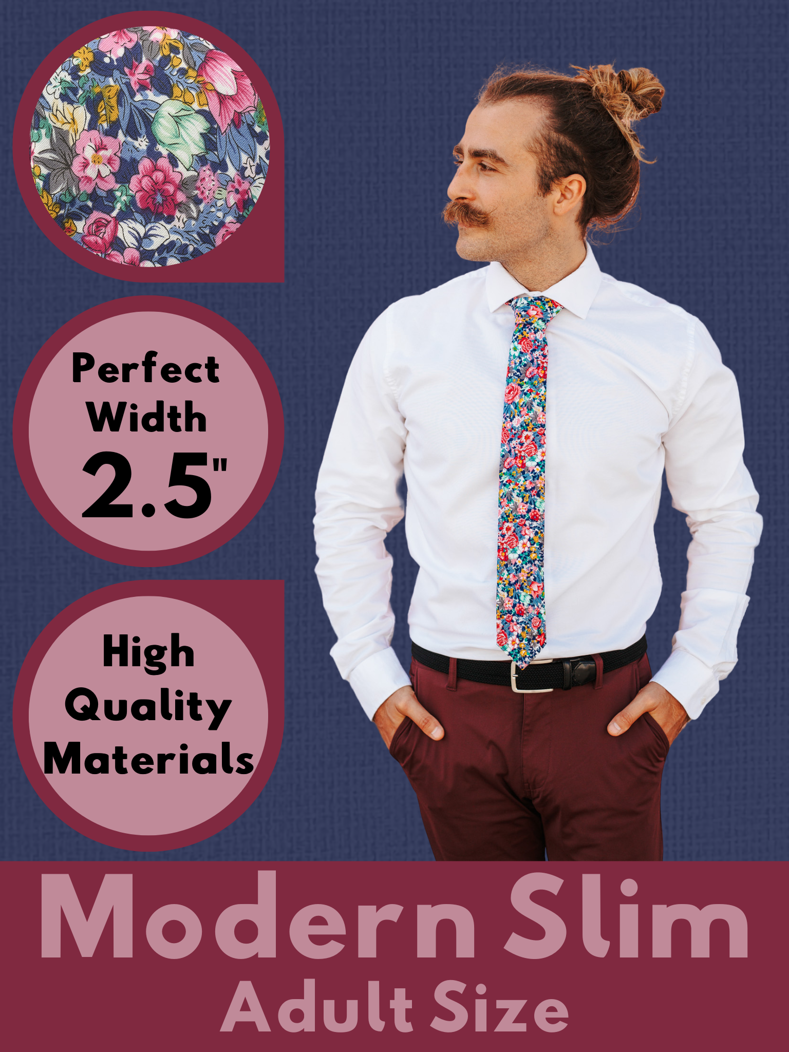 A graphic showing a man in a blue and pink floral modern slim tie that is 2.5 inches wide and made of cotton.