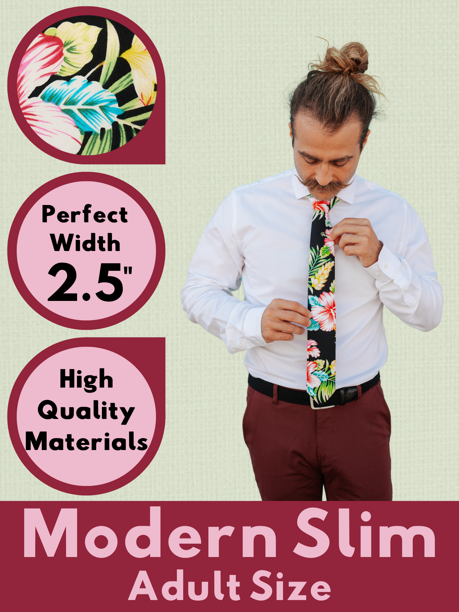 A graphic showing a man in a black, green, and pink floral modern slim tie that is 2.5 inches wide and made of cotton.