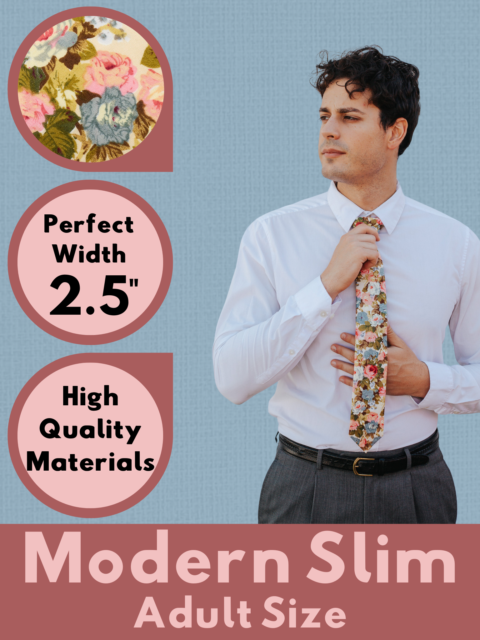 A graphic showing a man in a cream, blue, and pink floral modern slim tie that is 2.5 inches wide and made of cotton.