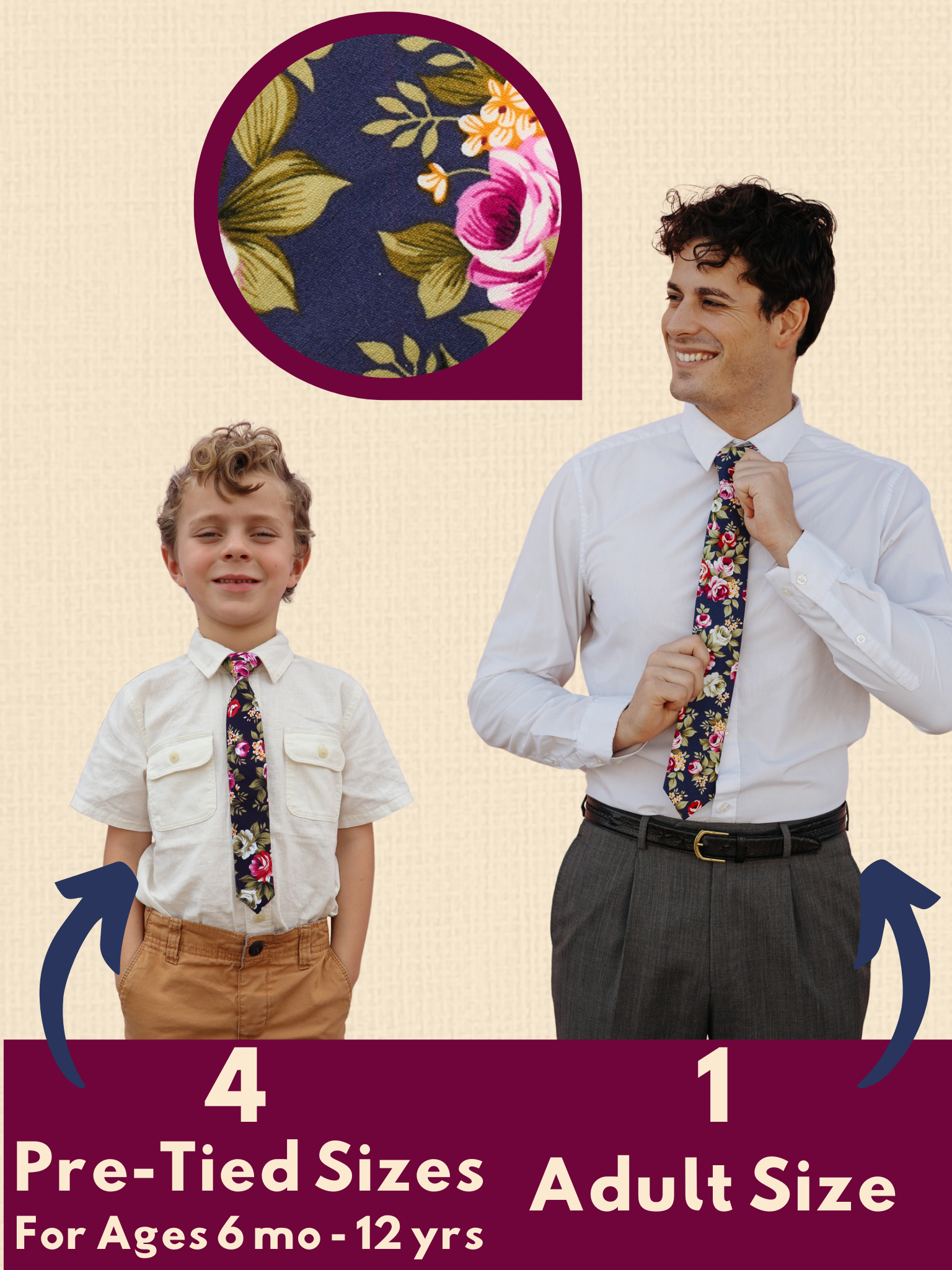 An image showing a man and a child in matching navy and pink floral ties available in 5 sizes for the whole family.