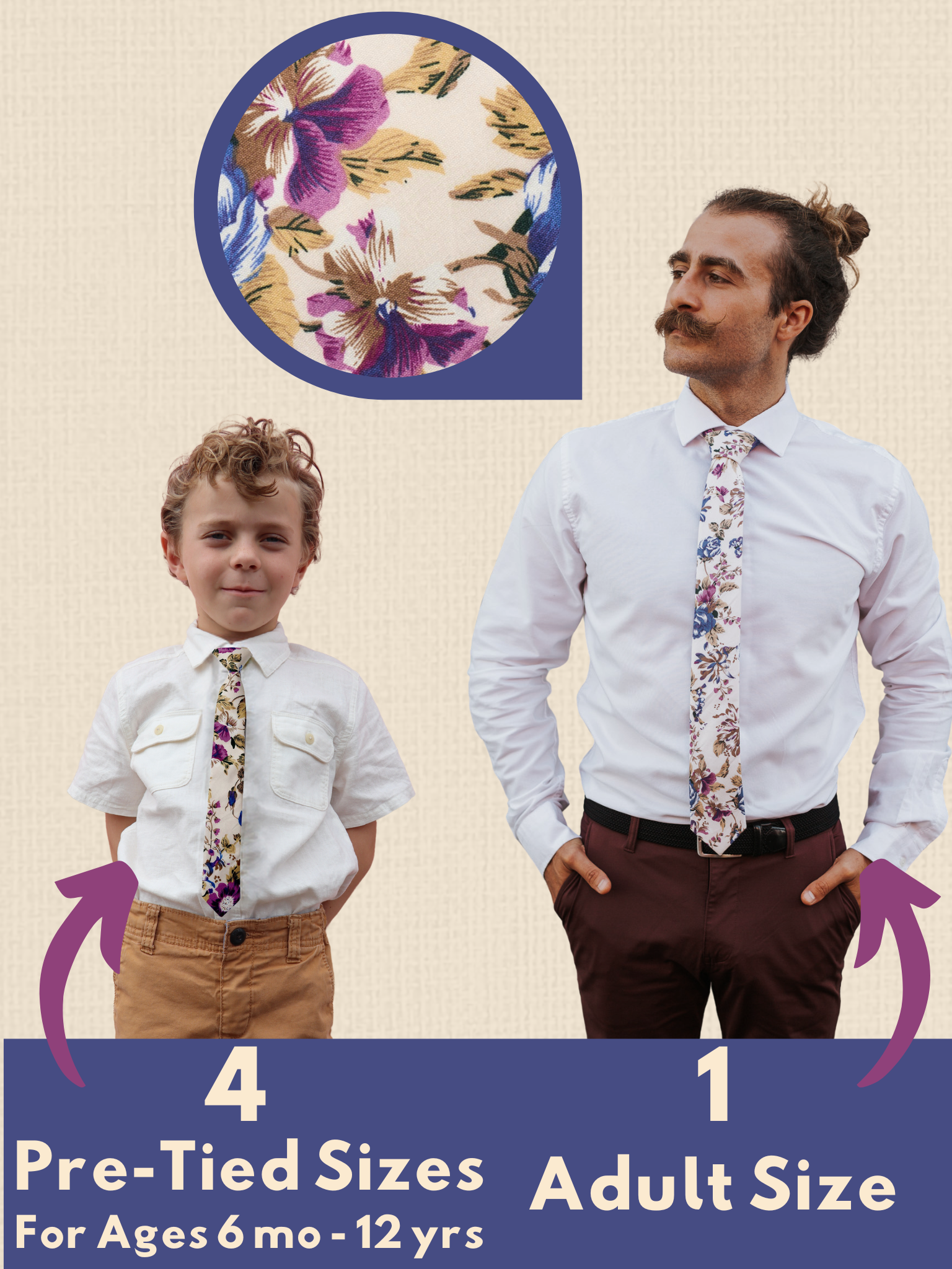 A graphic showing a man and a child in matching beige, blue, and purple floralties that come in 5 sizes for the whole family.