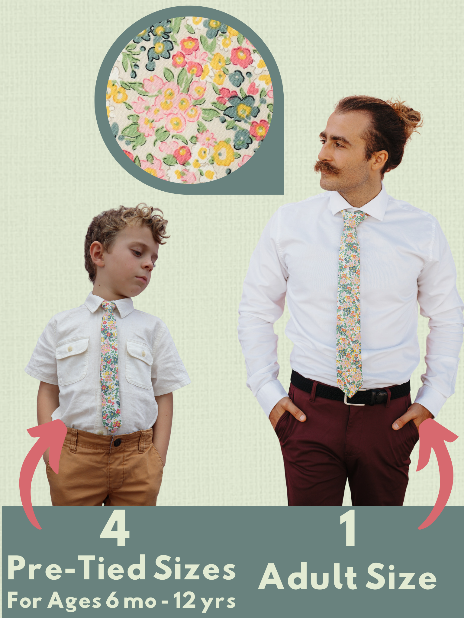 A graphic showing a man and a child in matching white and pink floralties that come in 5 sizes for the whole family.