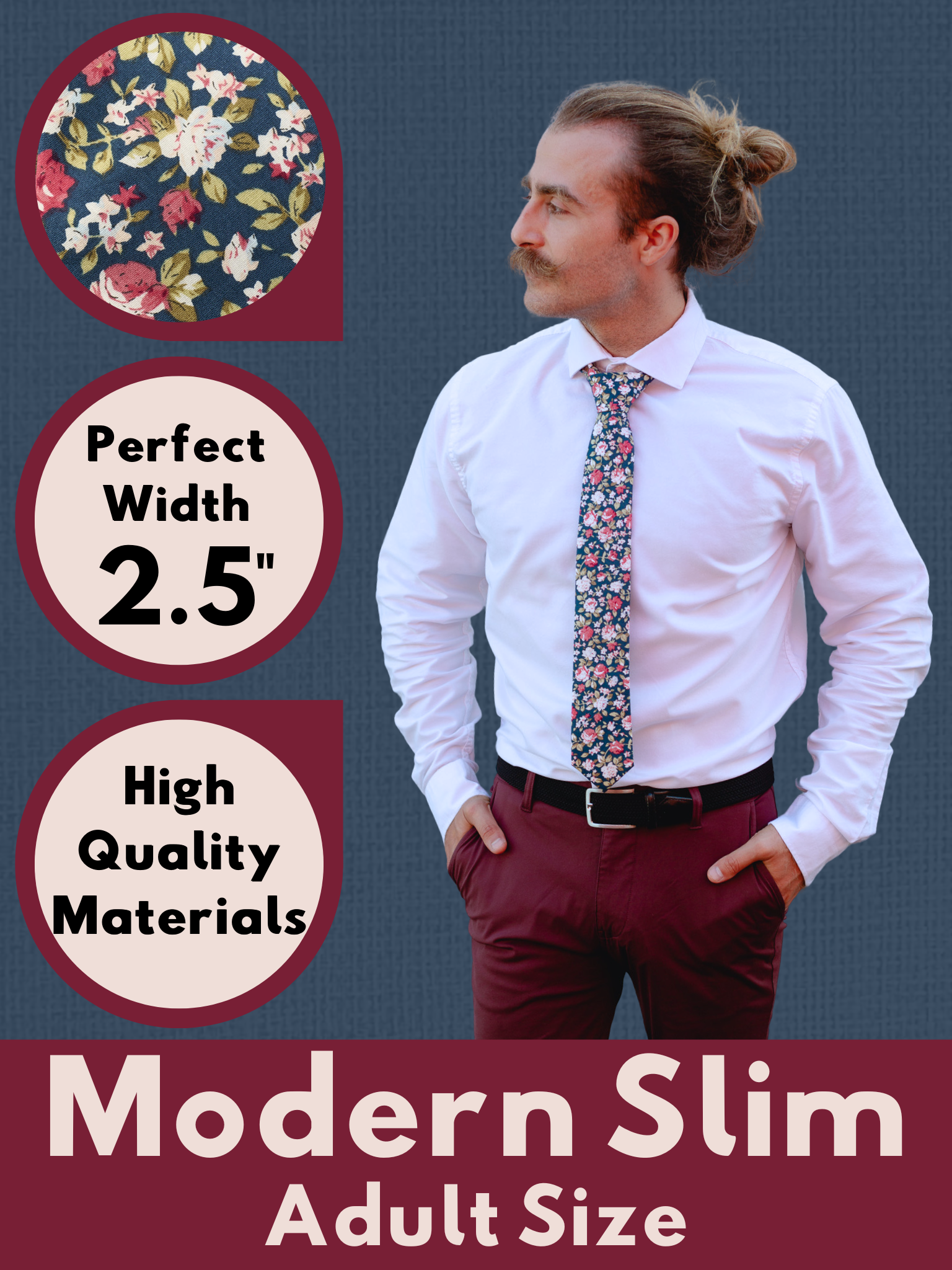 A graphic showing a man in a navy, red, and pink floral modern slim tie that is 2.5 inches wide and made of cotton.