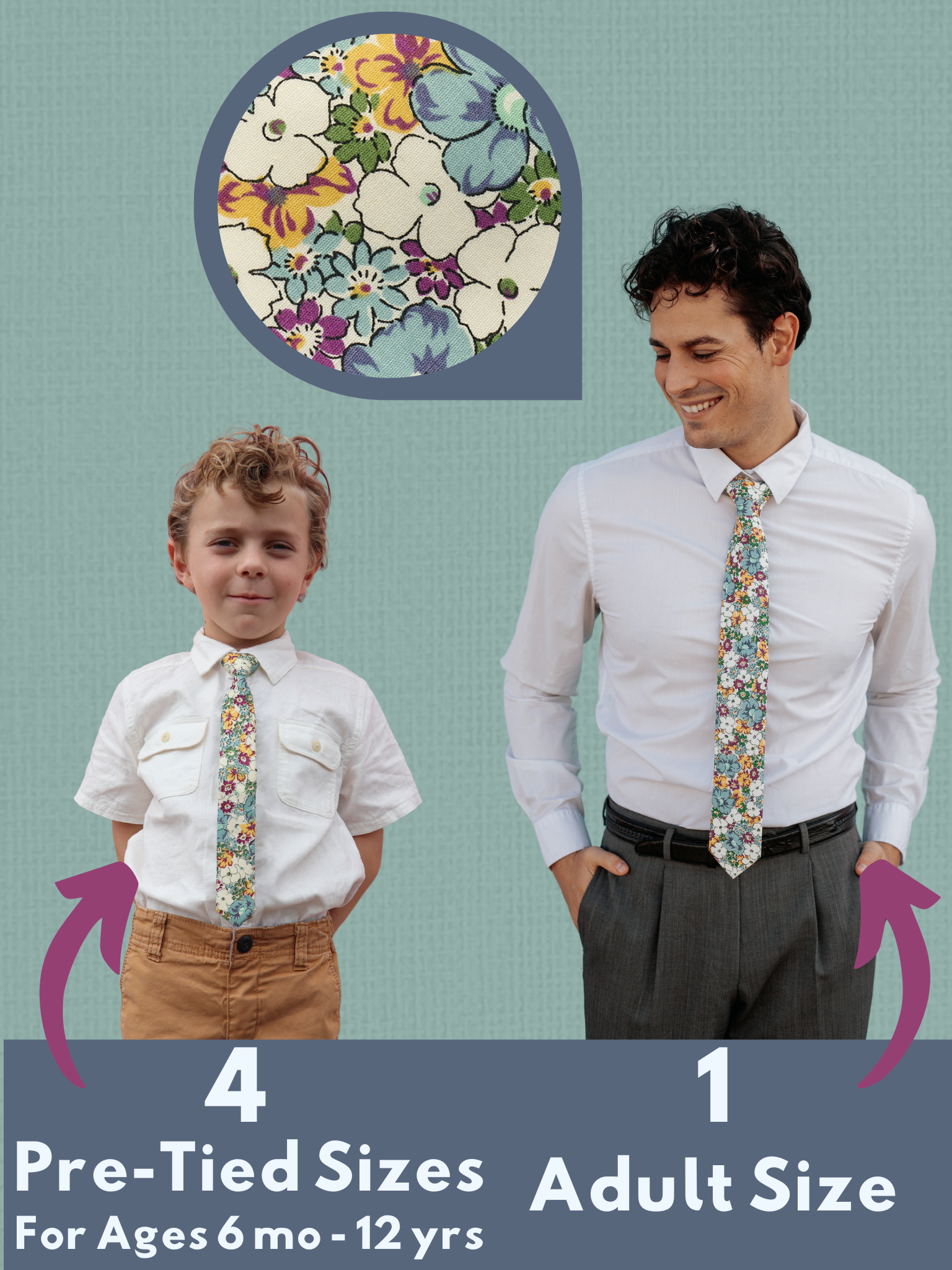 A man and a child in matching white, purple, and blue floral ties available in 5 sizes for the whole family.