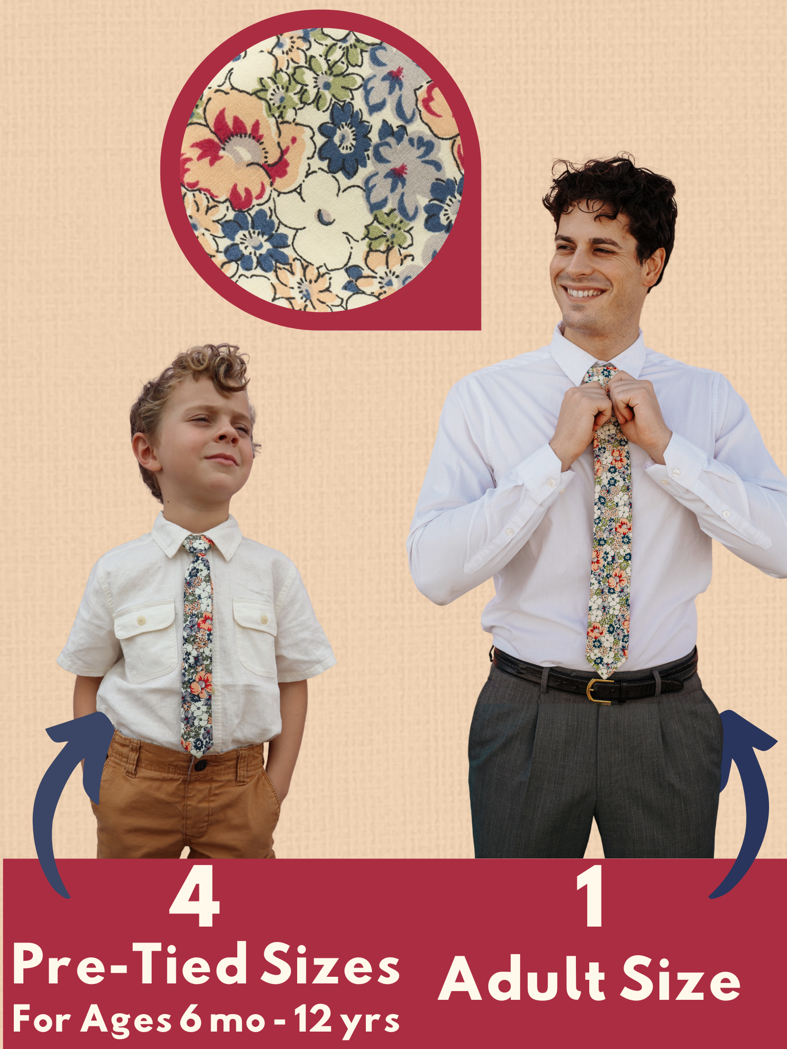 An image showing a man and a child in matching peach, white, and blue floral ties available in 5 sizes for the whole family.