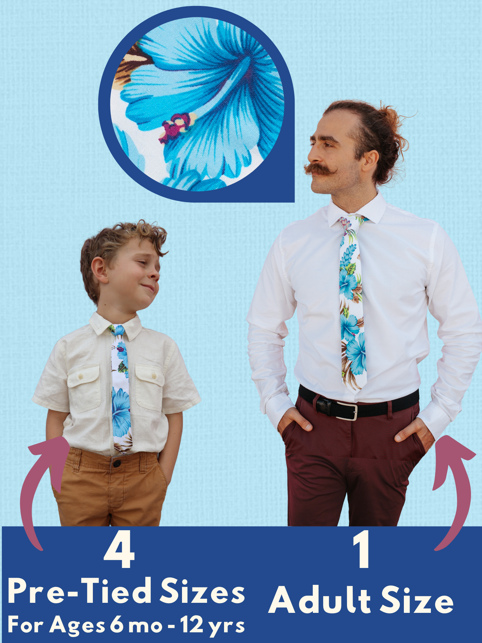 An image showing a man and a child in matching white and blue floral ties available in 5 sizes for the whole family.