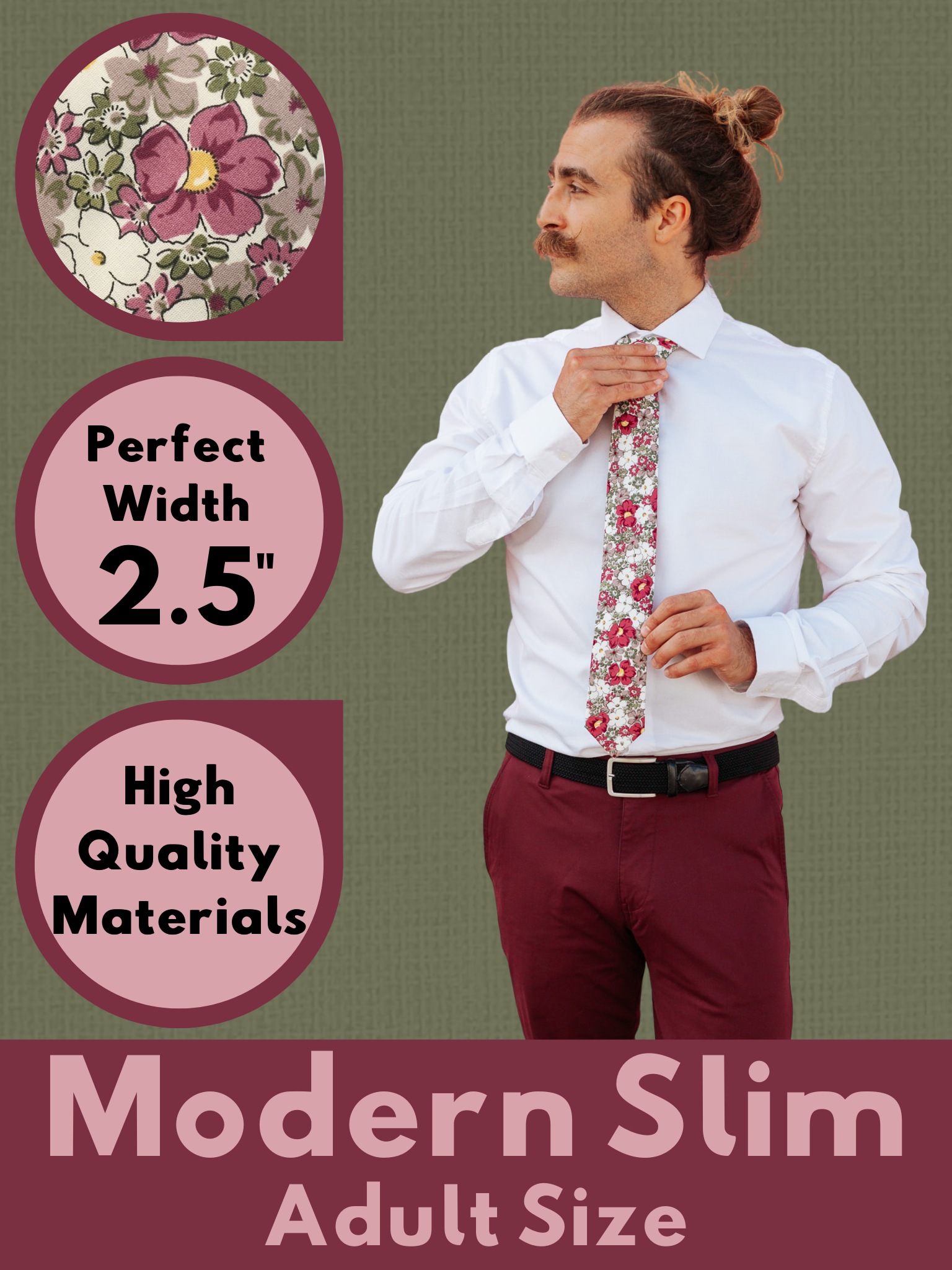 A graphic showing a man in a purple and white floral modern slim tie that is 2.5 inches wide and made of cotton.