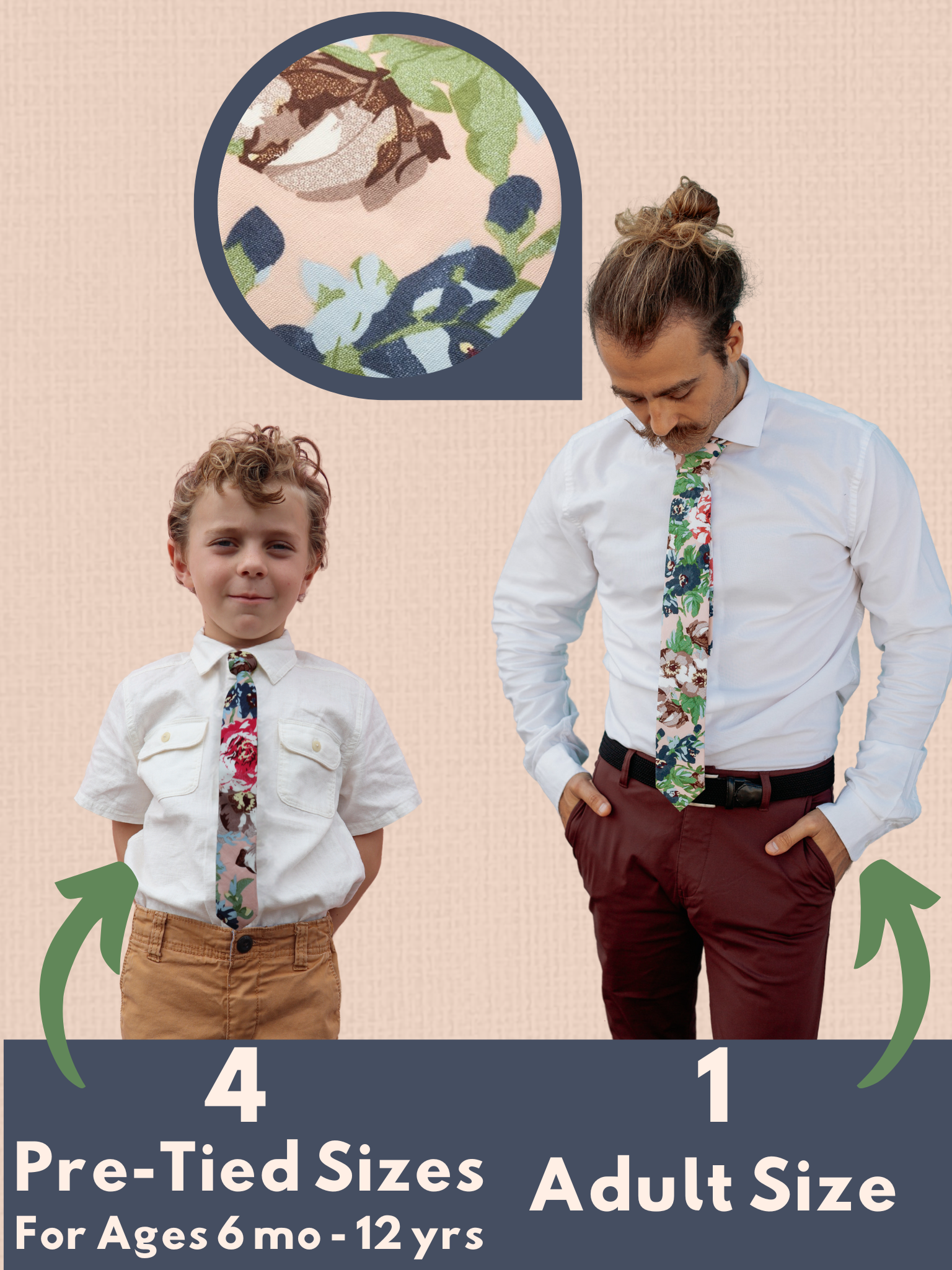 A graphic showing a man and a child in matching pink, green, and blue floralties that come in 5 sizes for the whole family.