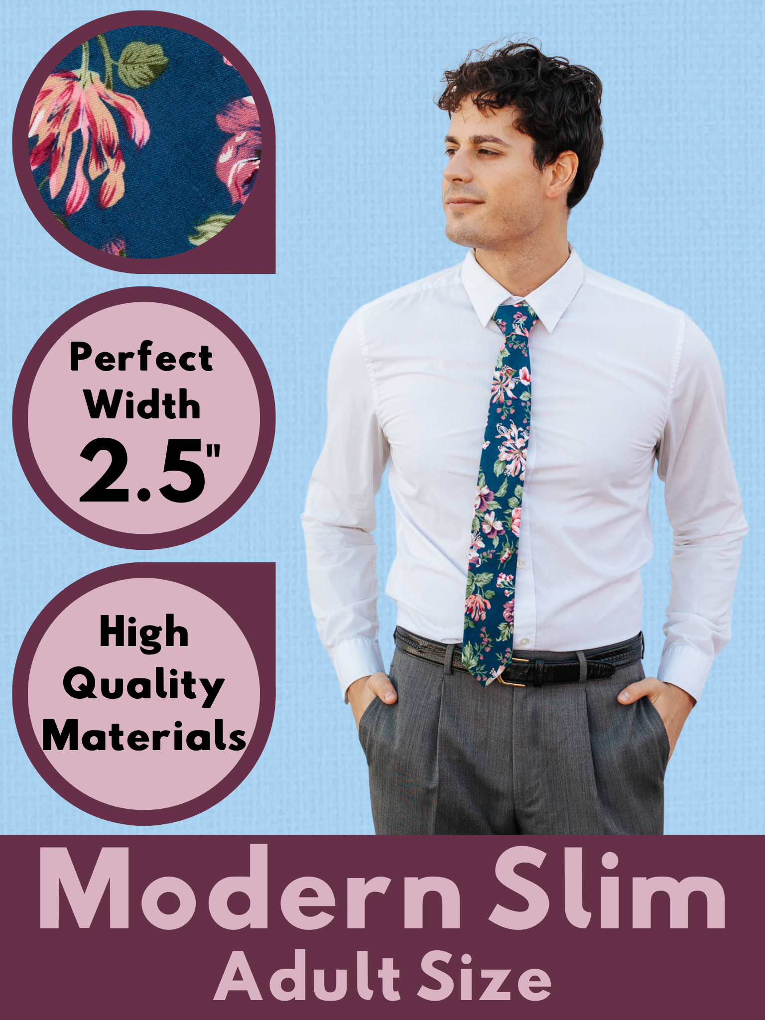 A graphic showing a man in a navy, green, and pink floral modern slim tie that is 2.5 inches wide and made of cotton.