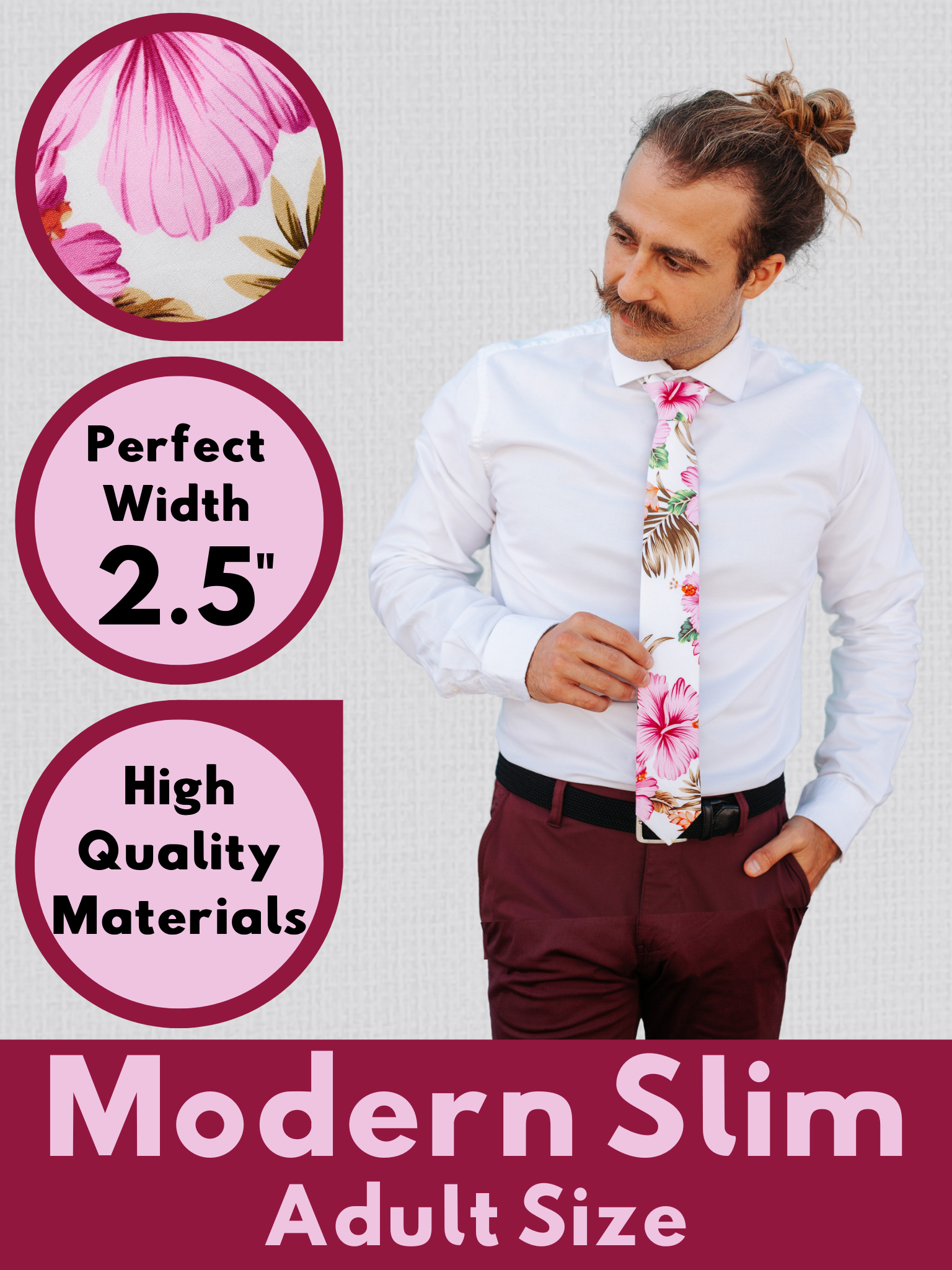 A graphic showing a man in a white, brown, and pink floral modern slim tie that is 2.5 inches wide and made of cotton.