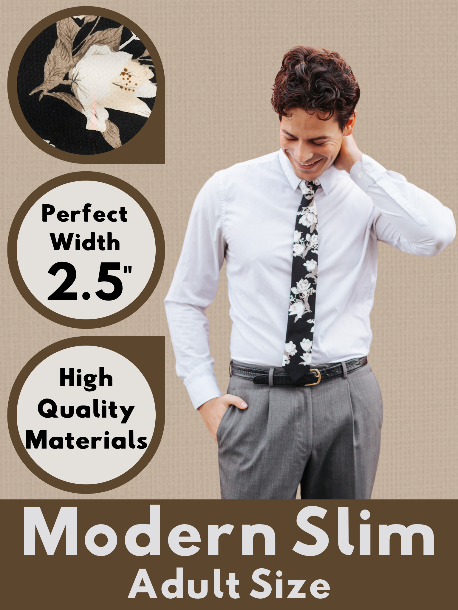 A graphic showing a man in a black and white floral modern slim tie that is 2.5 inches wide and made of cotton.