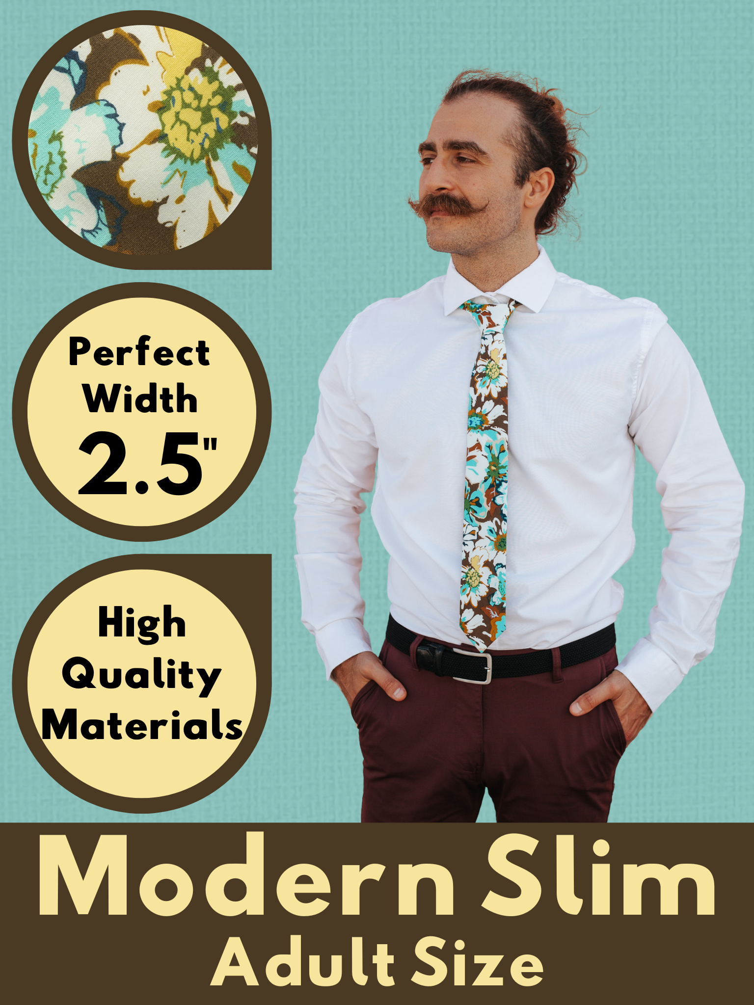 A graphic showing a man in a brown, yellow, and blue floral modern slim tie that is 2.5 inches wide and made of cotton.