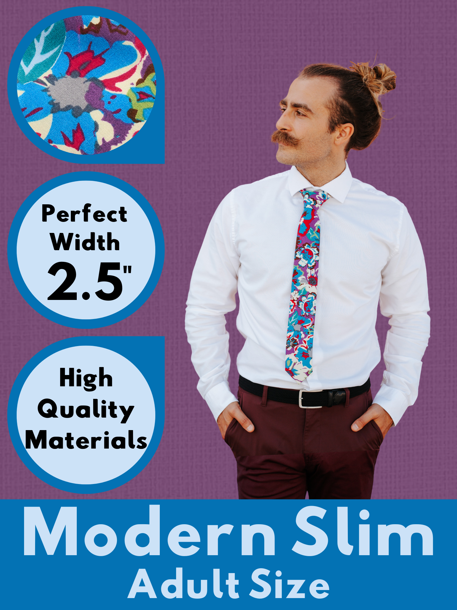 A graphic showing a man in a purple and blue floral modern slim tie that is 2.5 inches wide and made of cotton.