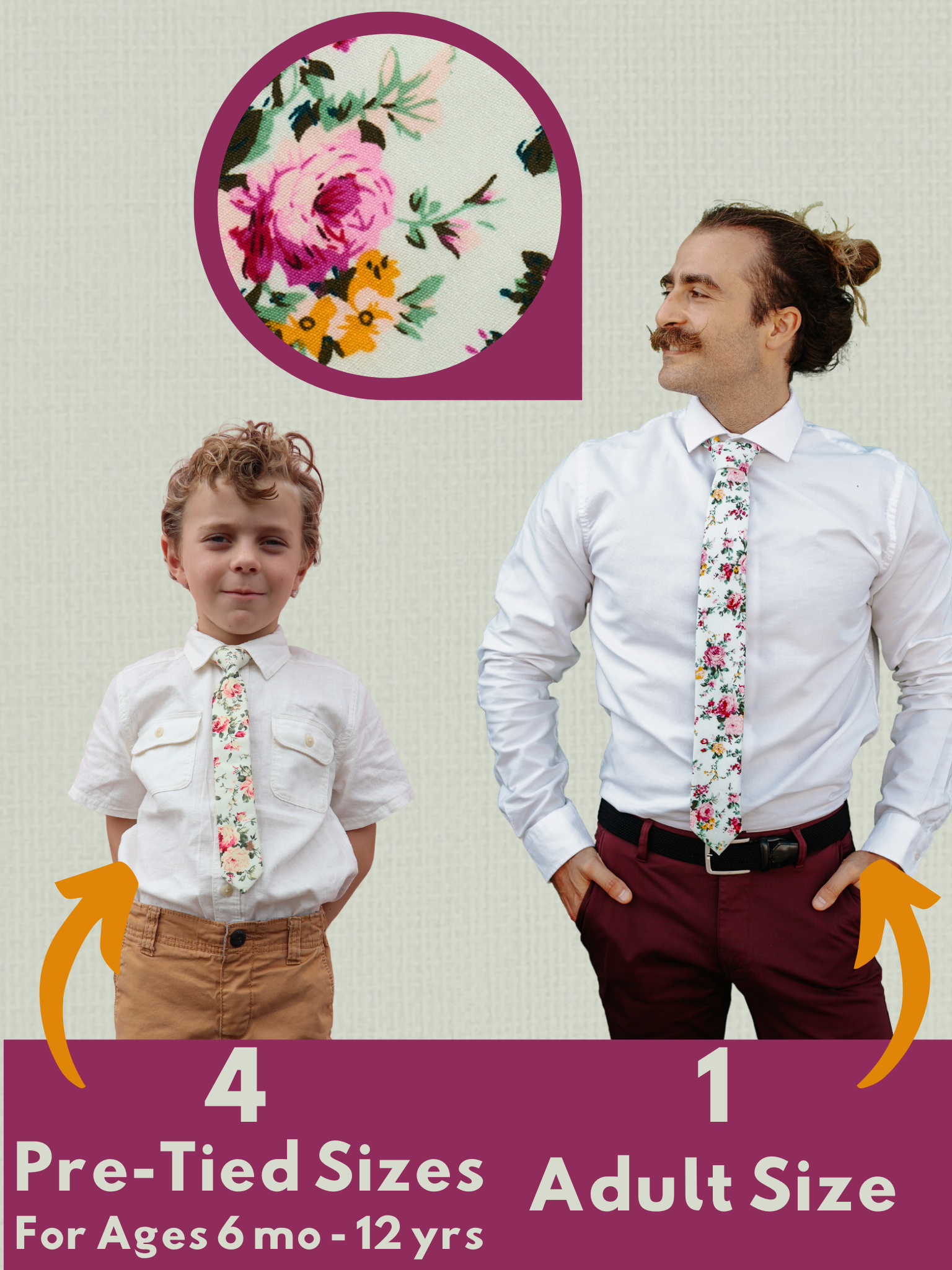 A graphic showing a man and a child in matching mint and pink floralties that come in 5 sizes for the whole family.