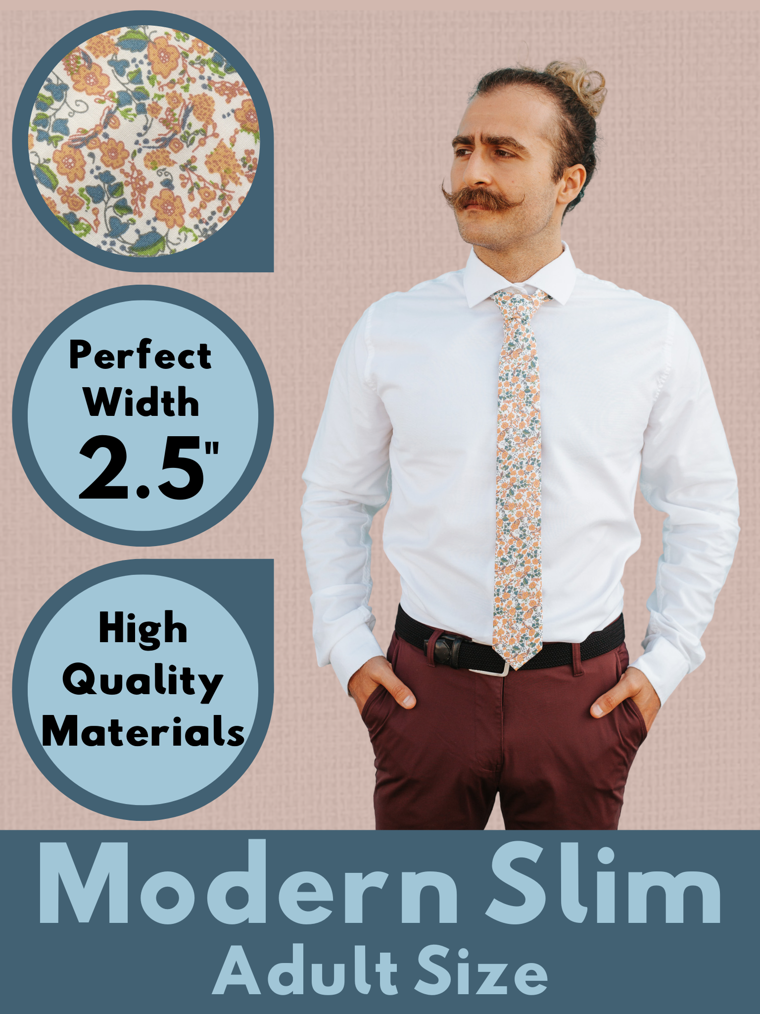 A graphic showing a man in a white, blue  and orange floral modern slim tie that is 2.5 inches wide and made of cotton.