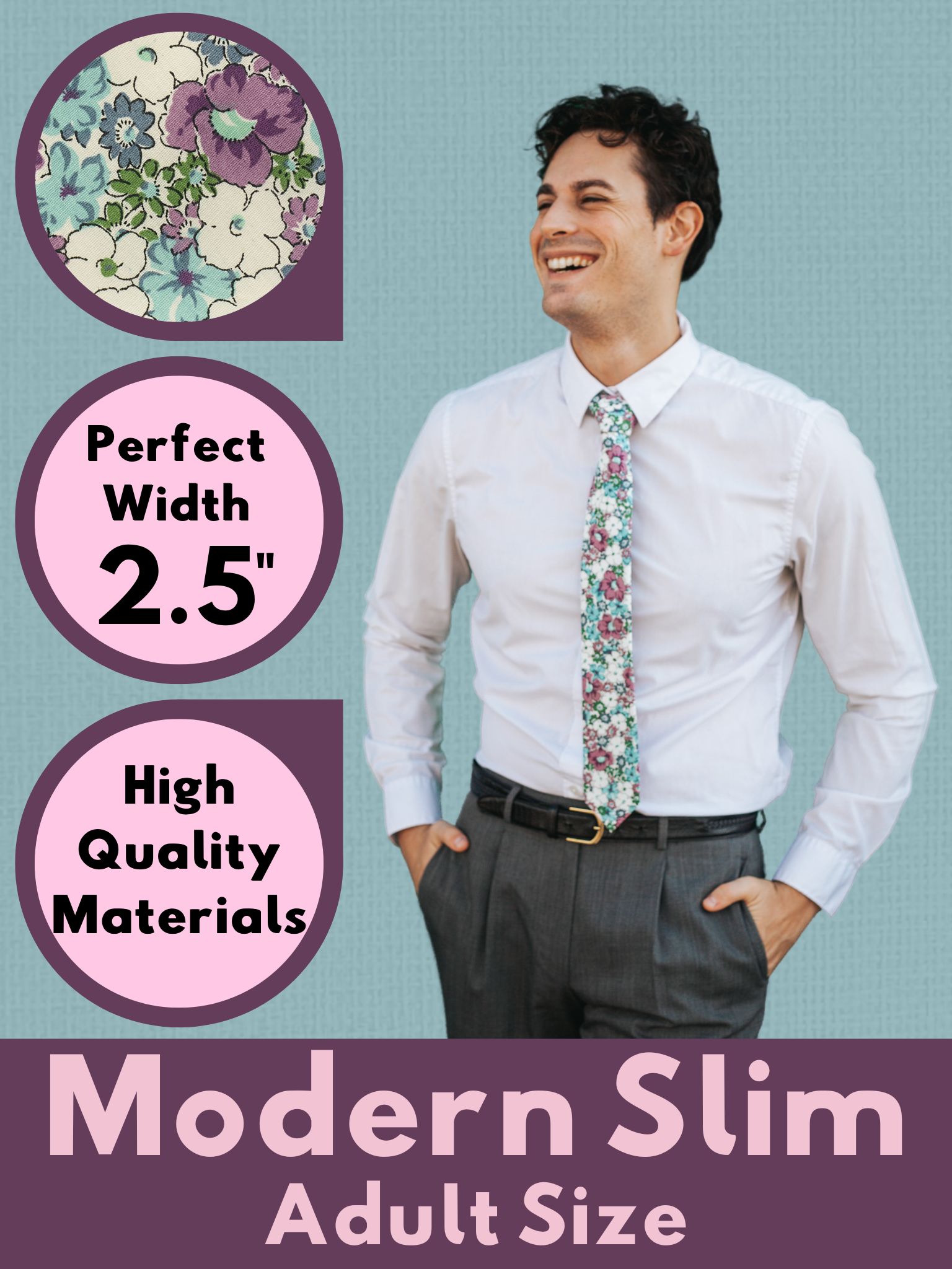 A graphic showing a man in a purple, white, and blue floral modern slim tie that is 2.5 inches wide and made of cotton.