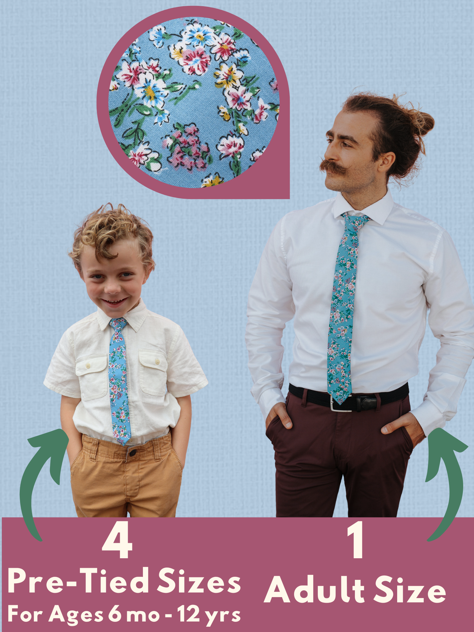 An image showing a man and a child in matching blue and purple floral ties available in 5 sizes for the whole family.