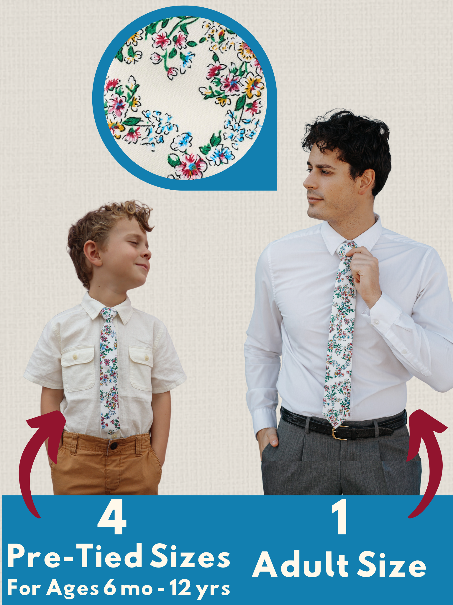 A graphic showing a man and a child in matching red, white and blue floralties that come in 5 sizes for the whole family.