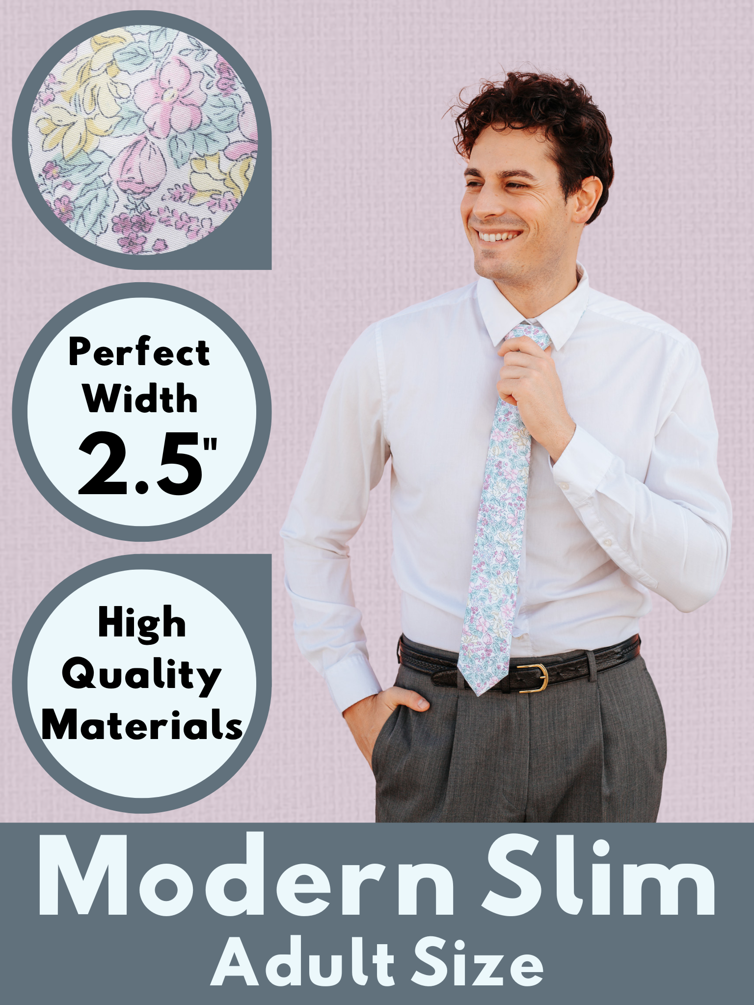 A graphic showing a man in a pastel blue and purple floral modern slim tie that is 2.5 inches wide and made of cotton.