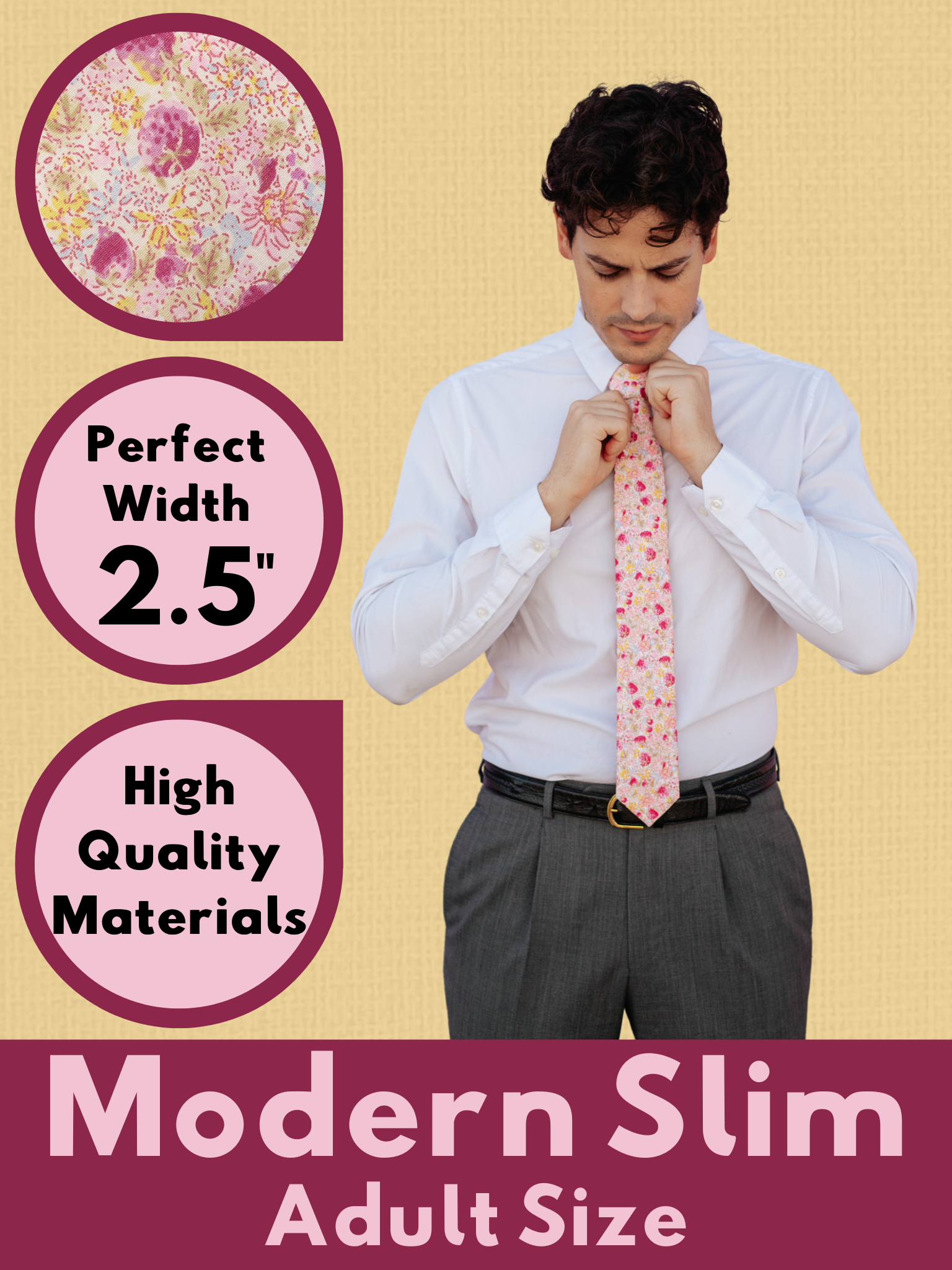 A graphic showing a man in a pink and yellow floral modern slim tie that is 2.5 inches wide and made of cotton.