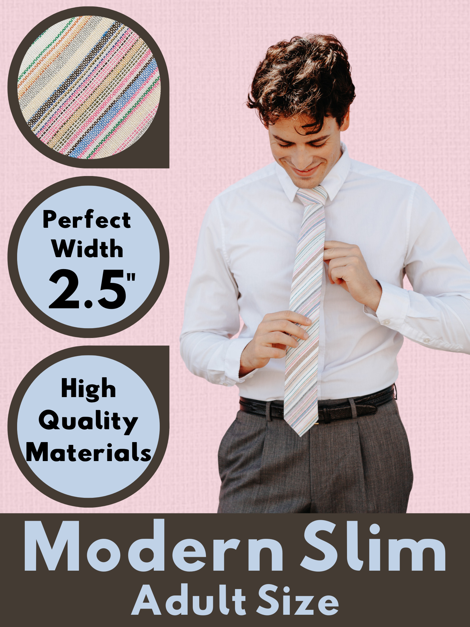 A graphic showing a man in a pink and light blue striped modern slim tie that is 2.5 inches wide and made of cotton.