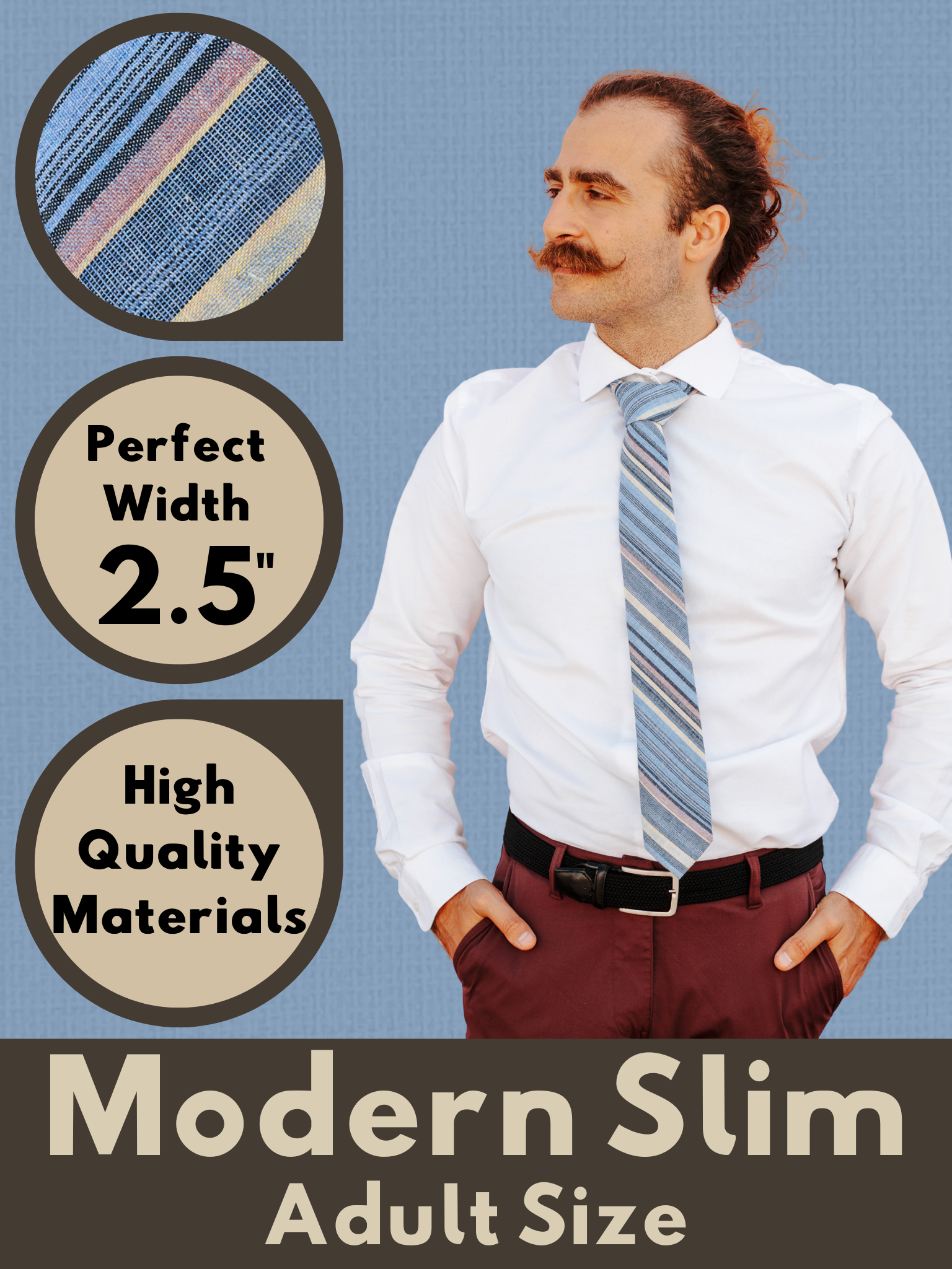 A graphic showing a man in a blue, yellow, and navy striped modern slim tie that is 2.5 inches wide and made of cotton.