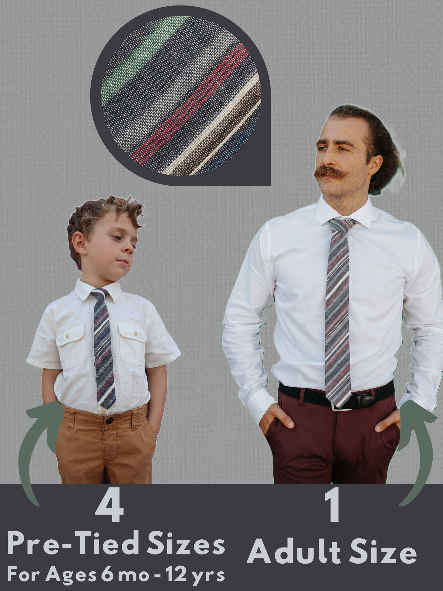 An image showing a man and a child in matching gray, green, and red striped ties available in 5 sizes for the whole family.