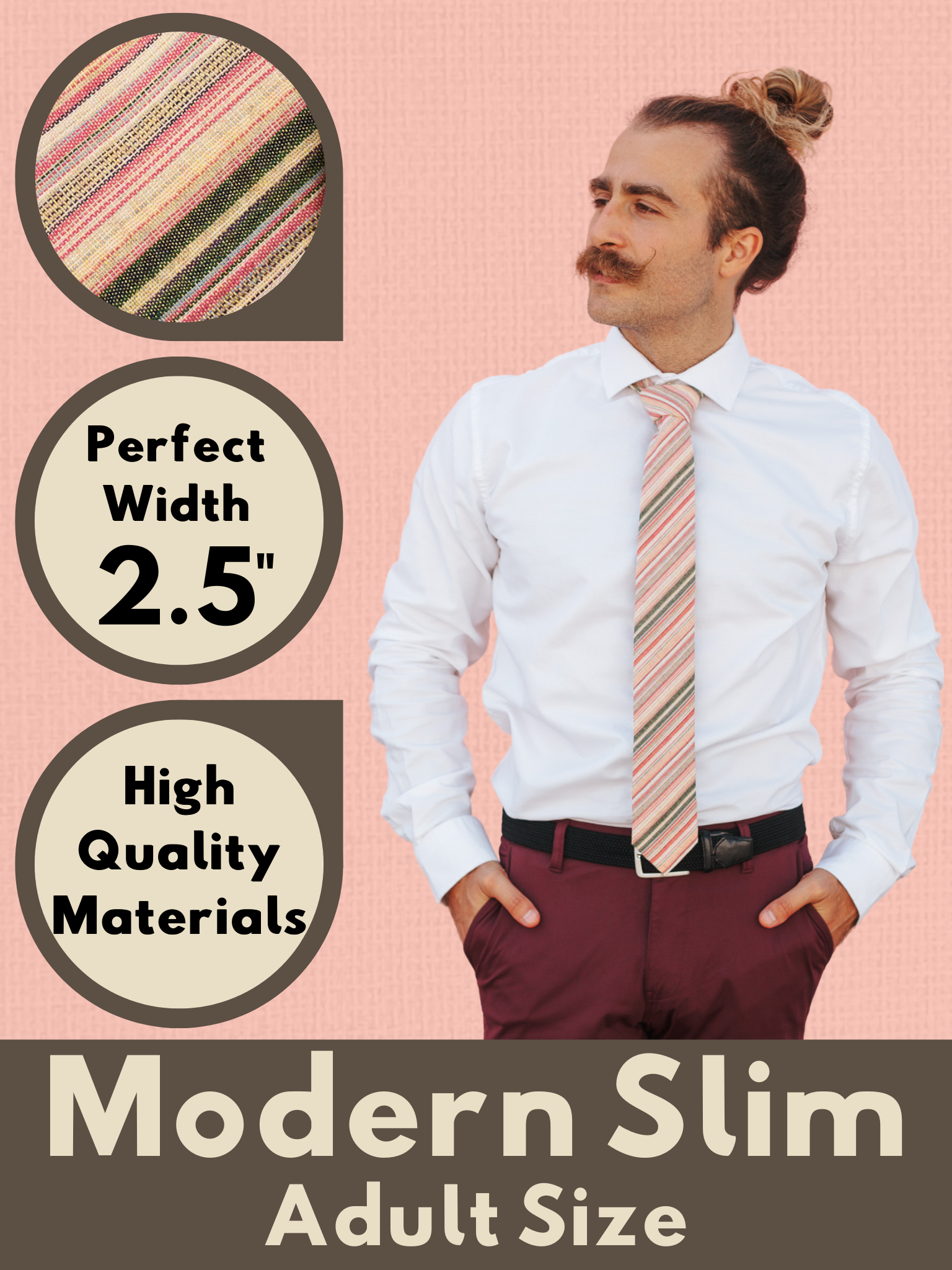 A graphic showing a man in a hot pink and yellow striped modern slim tie that is 2.5 inches wide and made of cotton.