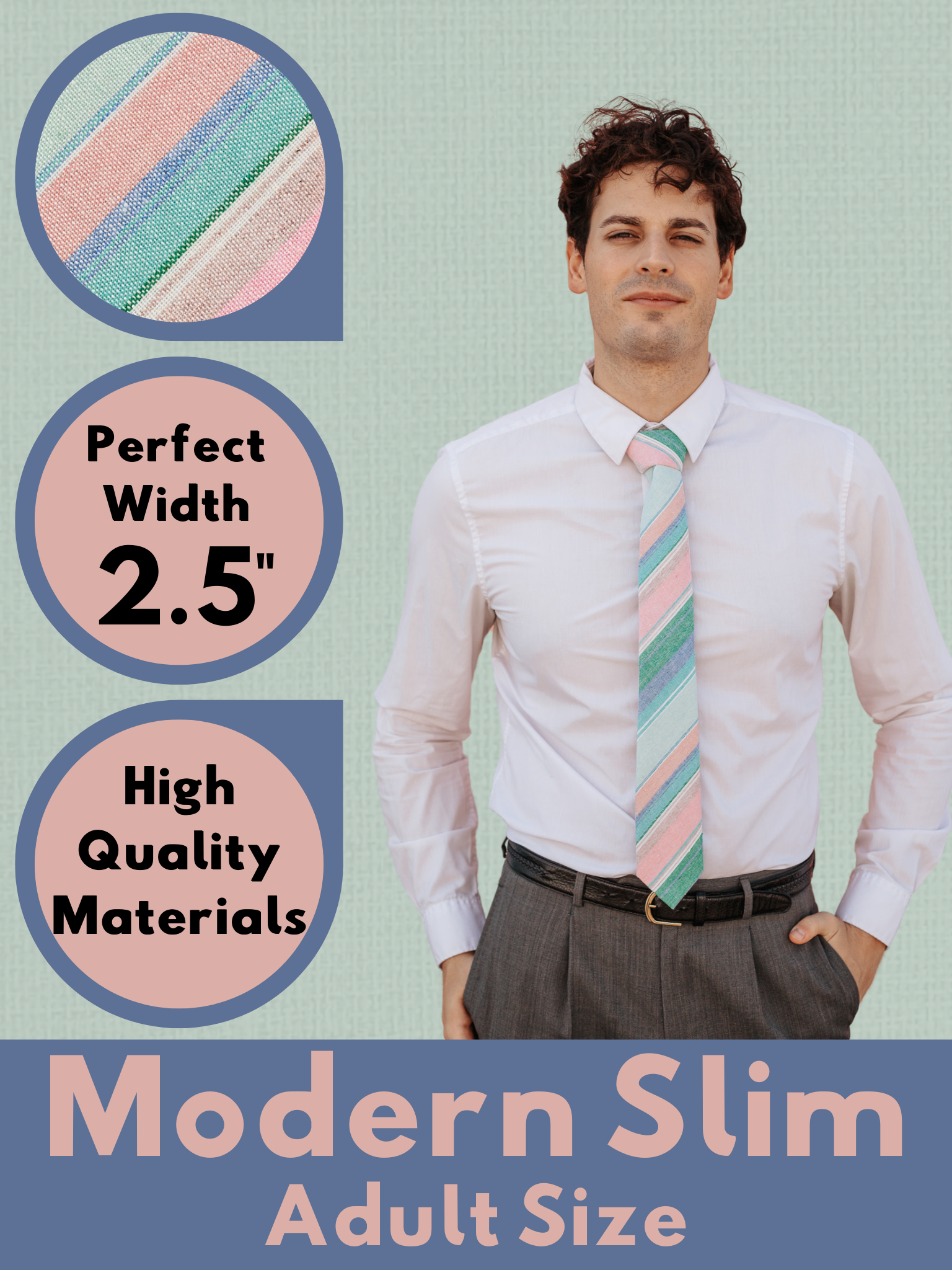 A graphic showing a man in a light pink and blue striped modern slim tie that is 2.5 inches wide and made of cotton.