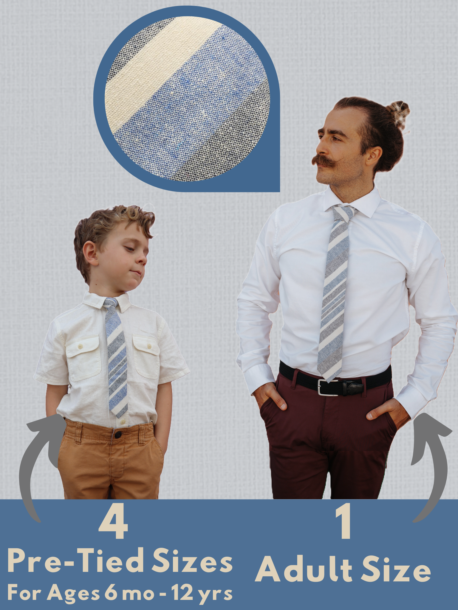 An image showing a man and a child in matching blue, beige, and gray striped ties available in 5 sizes for the whole family.