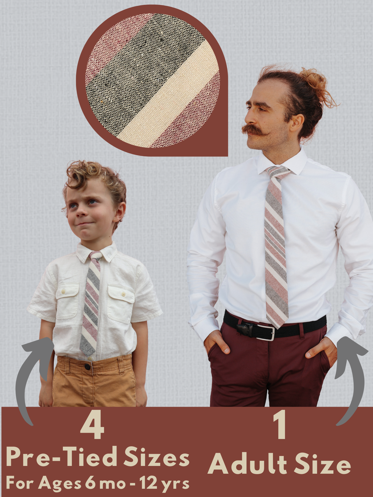 A graphic showing a man and a child in matching red, gray, and beige striped ties that come in 5 sizes for the whole family.