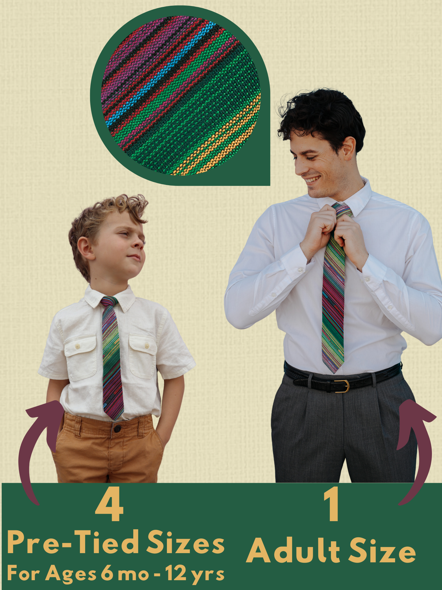 A graphic showing a man and a child in matching green and purple striped ties that come in 5 sizes for the whole family.