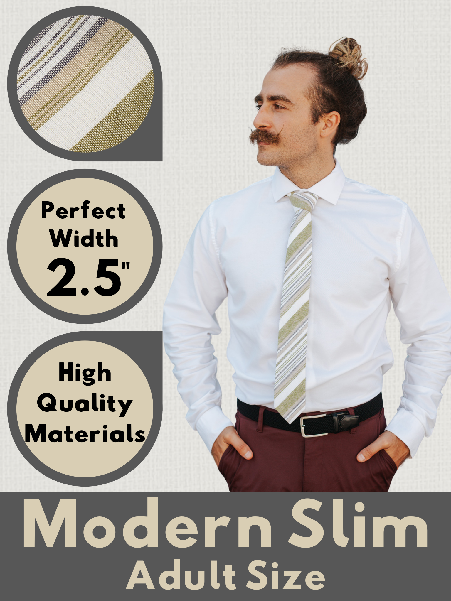 A graphic showing a man in a gold and white striped modern slim tie that is 2.5 inches wide and made of cotton.