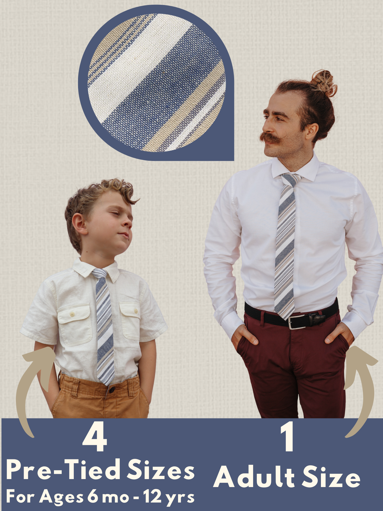 A graphic showing a man and a child in matching blue, white, and gold striped ties that come in 5 sizes for the whole family.