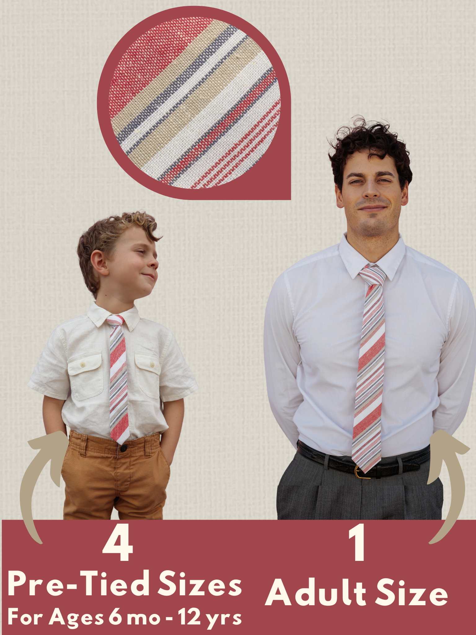 An image showing a man and a child in matching red, white, and gold striped ties available in 5 sizes for the whole family.