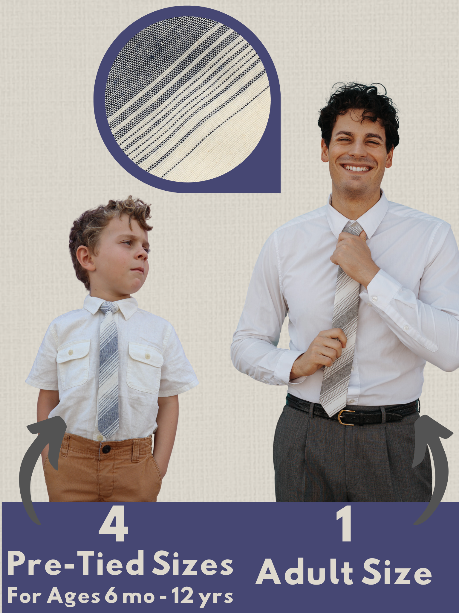 An image showing a man and a child in matching navy blue and beigestriped ties available in 5 sizes for the whole family.