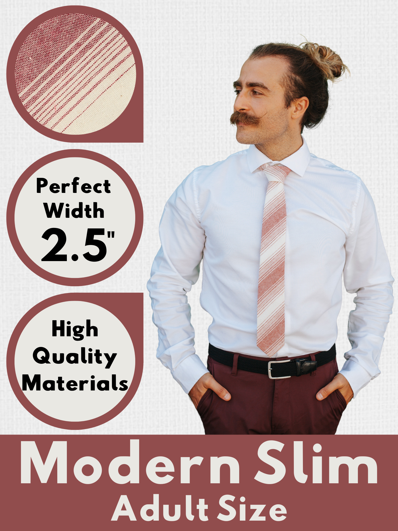 A graphic showing a man in a red and off-white striped modern slim tie that is 2.5 inches wide and made of cotton.