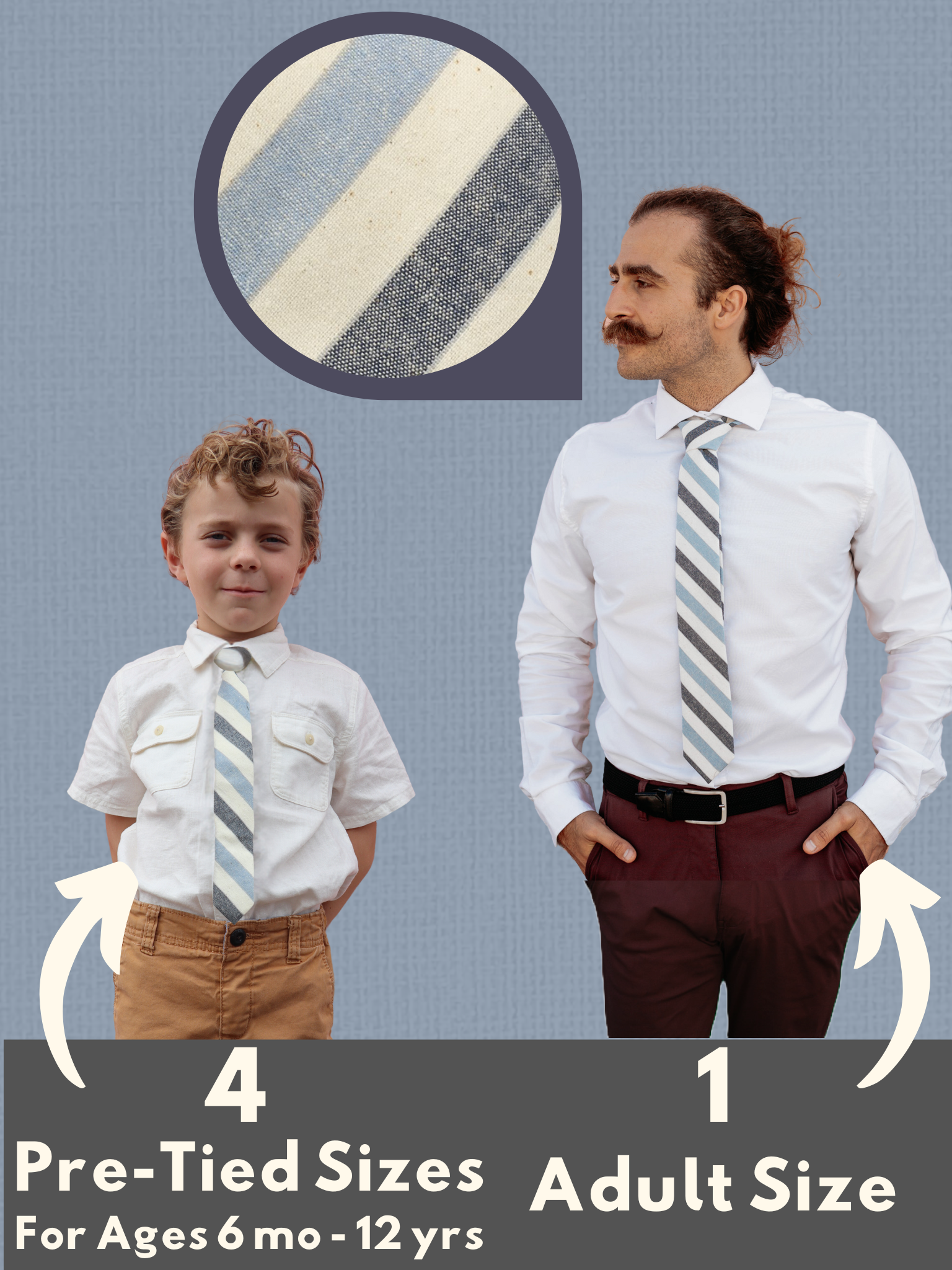 A graphic showing a man and child in matching blue, white, and navy striped ties that come in 5 sizes for the whole family.