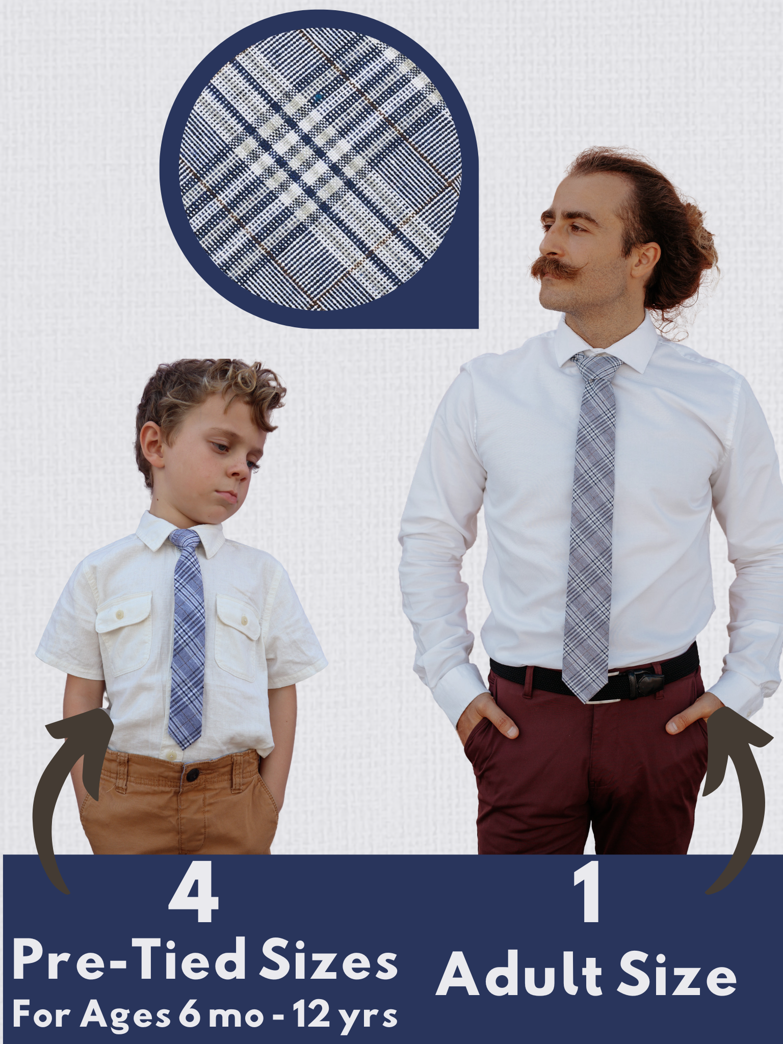 A graphic showing a man and a child in matching blue and white plaidties that come in 5 sizes for the whole family.