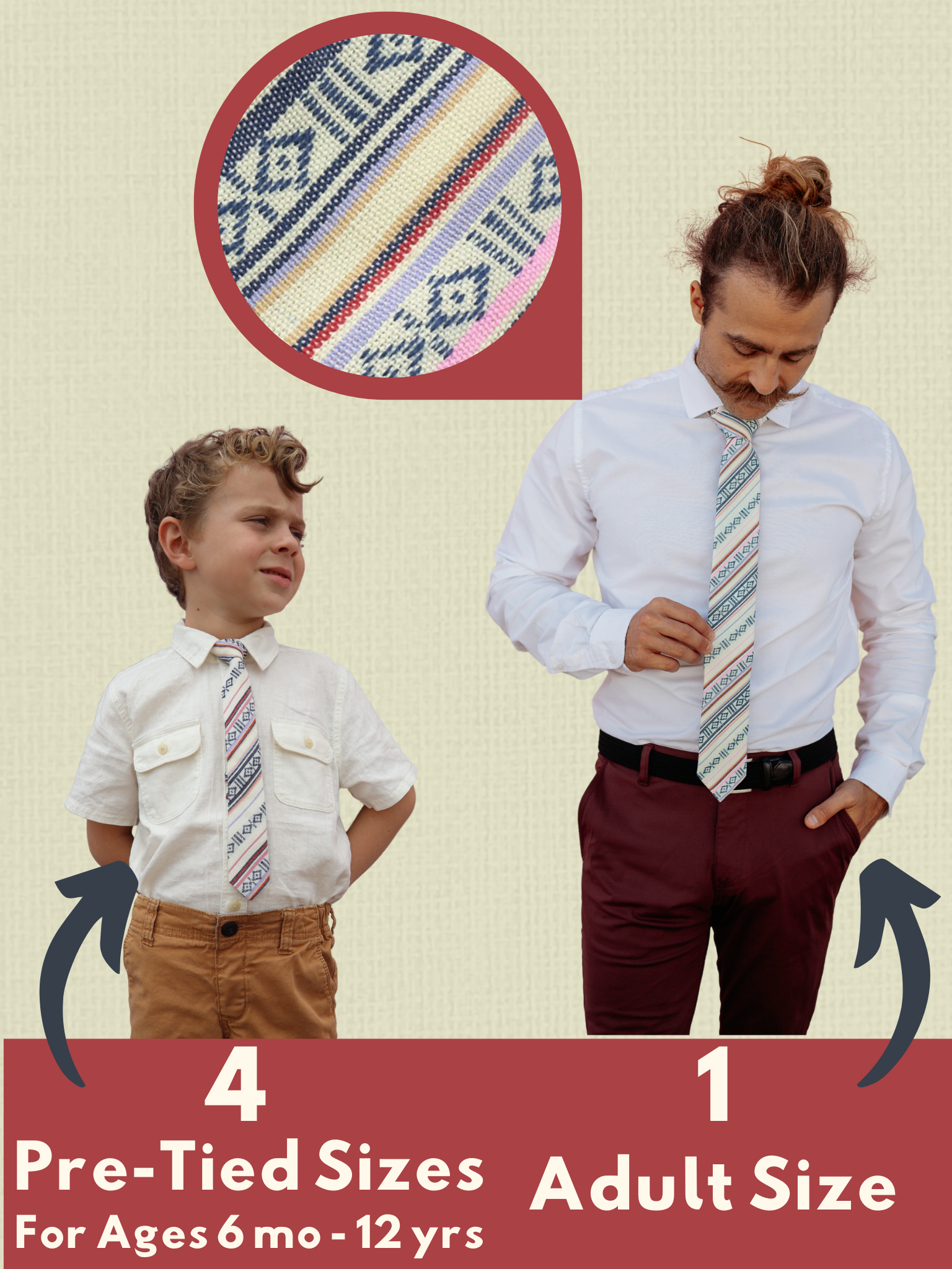 An image showing a man and a child in matching white, red and black striped ties available in 5 sizes for the whole family.