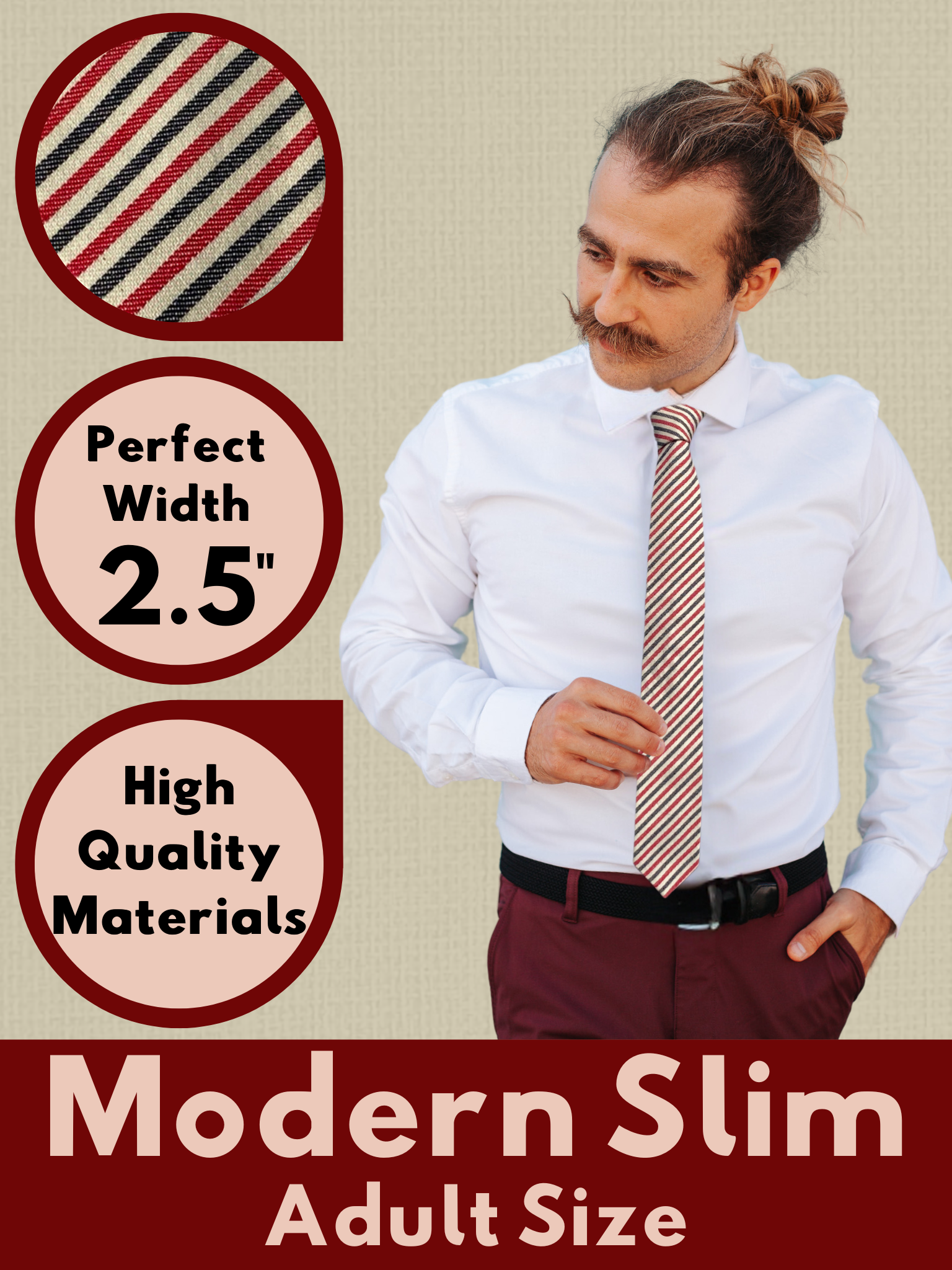 An image showing a man in a beige, red, and navy blue striped modern slim necktie that is 2.5 inches wide and made of cotton.