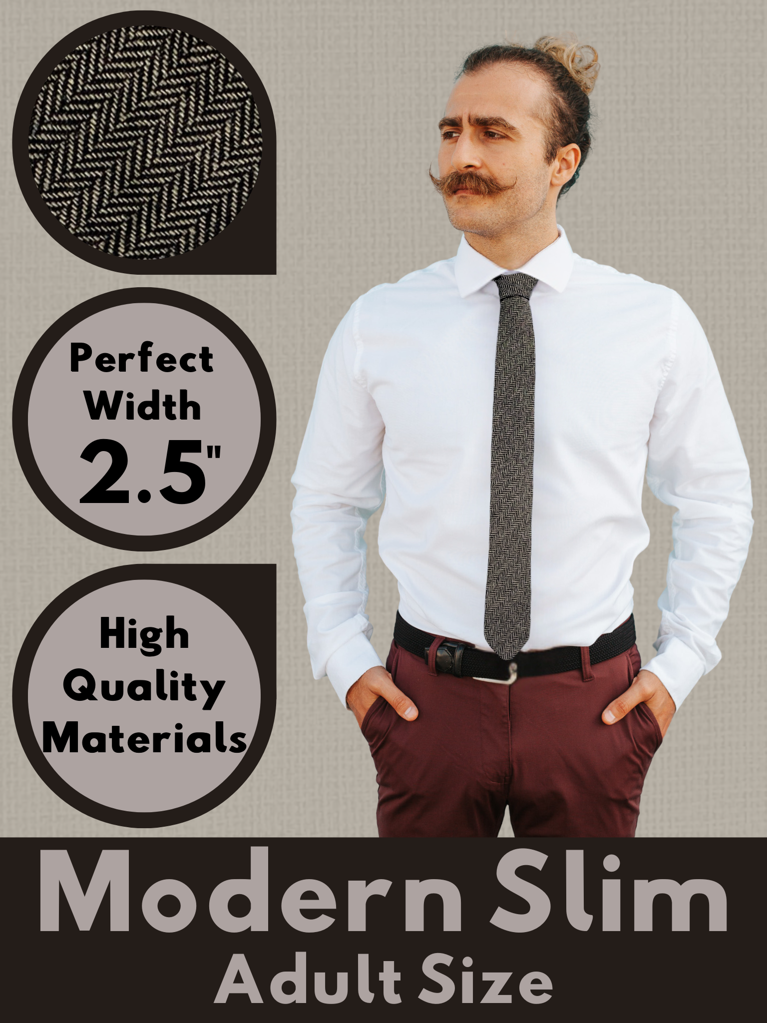 A graphic showing a man in a tan and black herringbone modern slim necktie that is 2.5 inches wide and made of cotton.