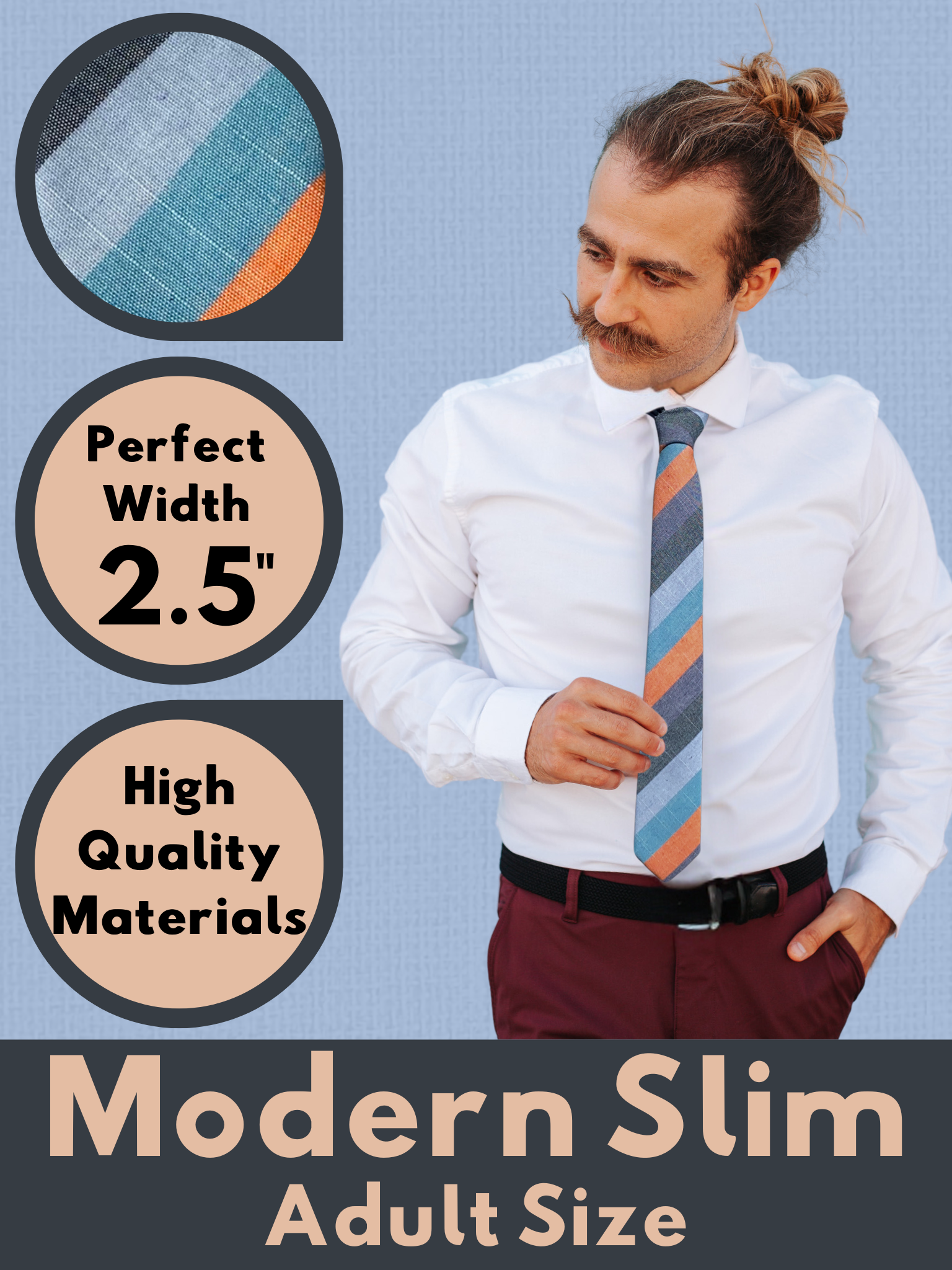 A graphic of a man in a turquoise, orange, and blue striped modern slim necktie that is 2.5 inches wide and made of cotton.