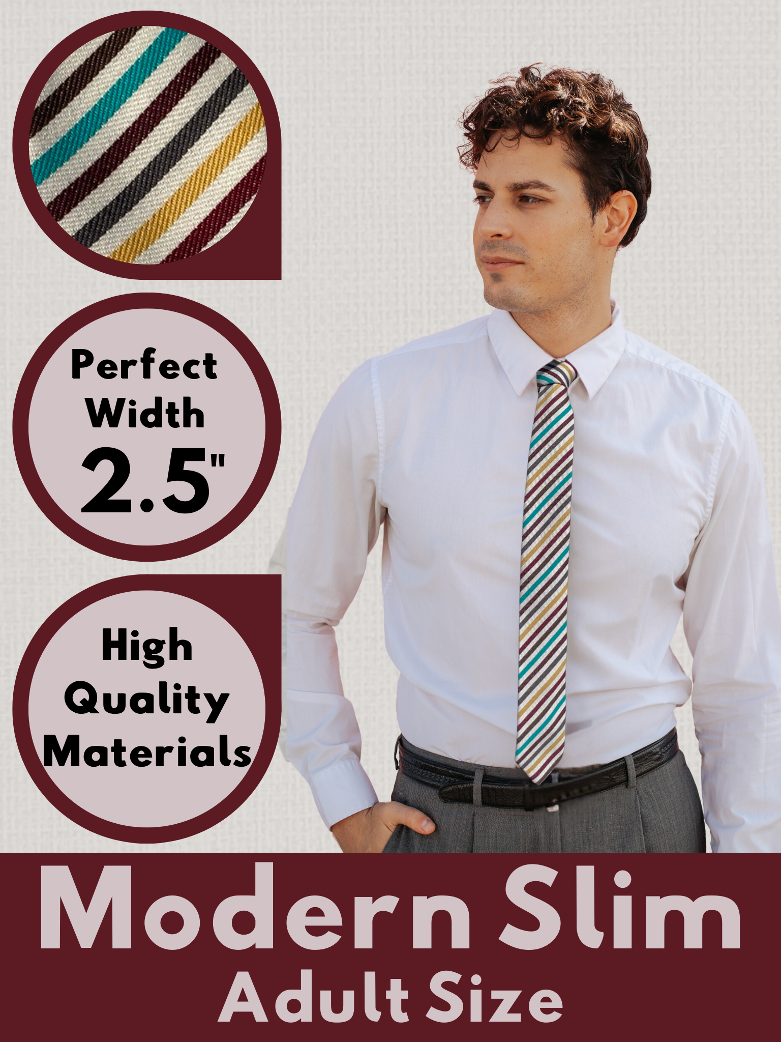 A man in a white, maroon, yellow, and blue striped modern slim necktie that is 2.5 inches wide and made of cotton.